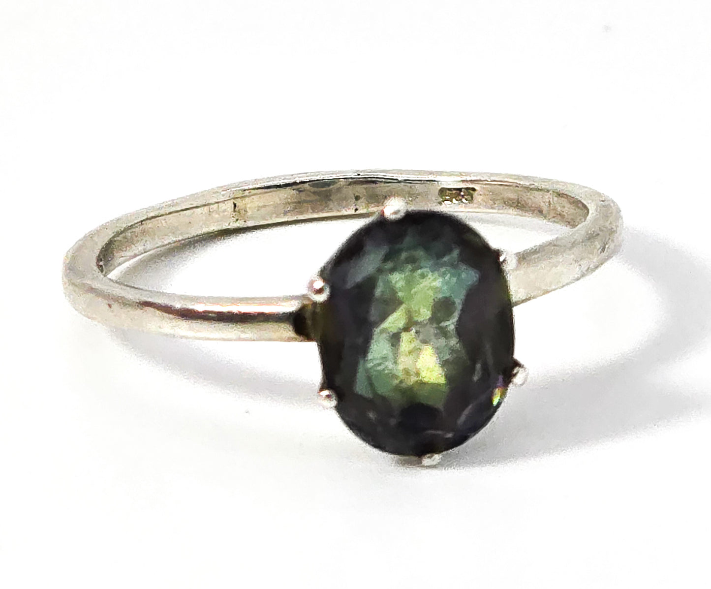Peacock Mystic Topaz 2ct oval cut faceted sterling silver solitaire ring size 9