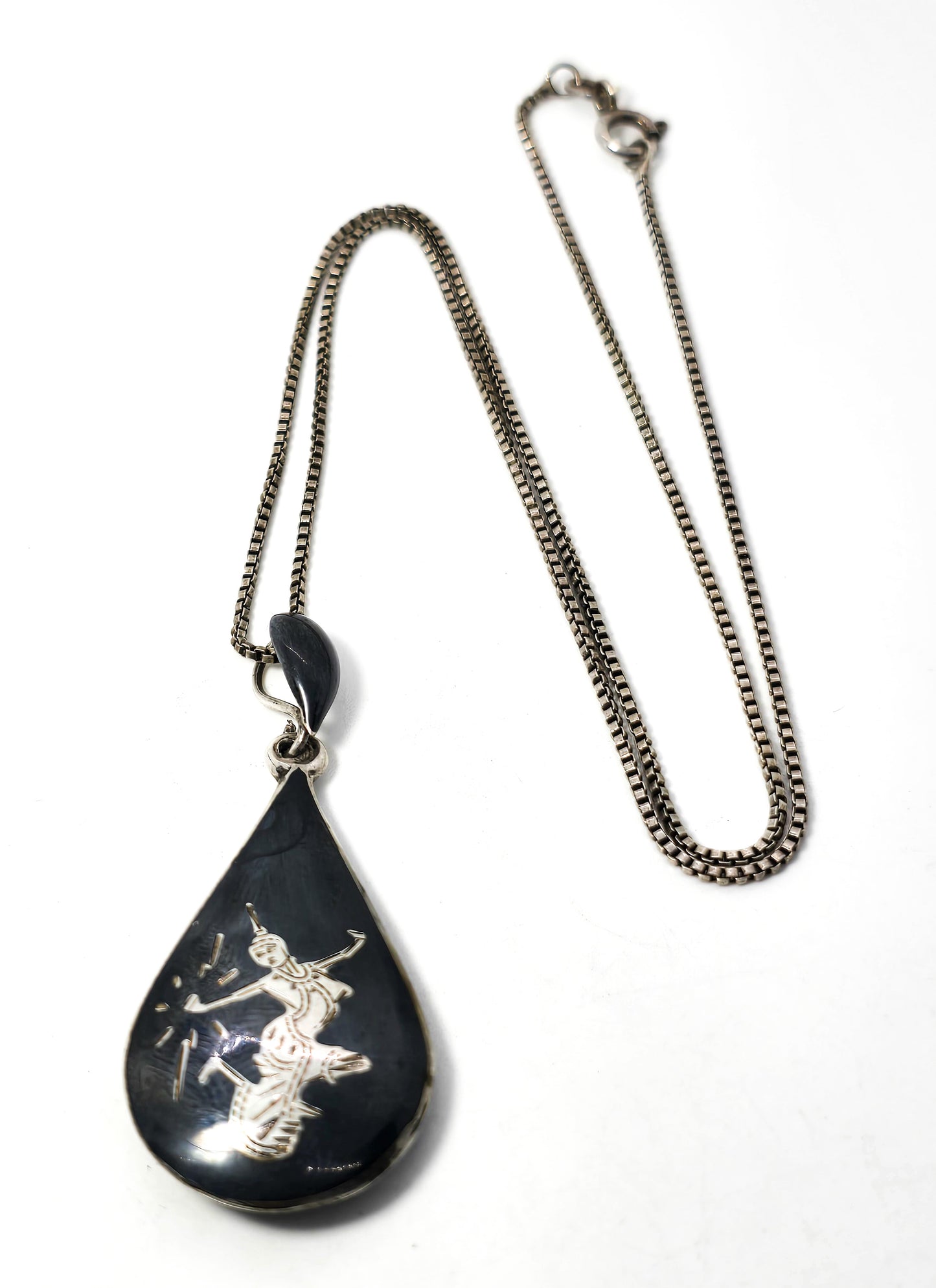 Siam Nielloware black enamel Mekkala goddess vintage sterling silver necklace