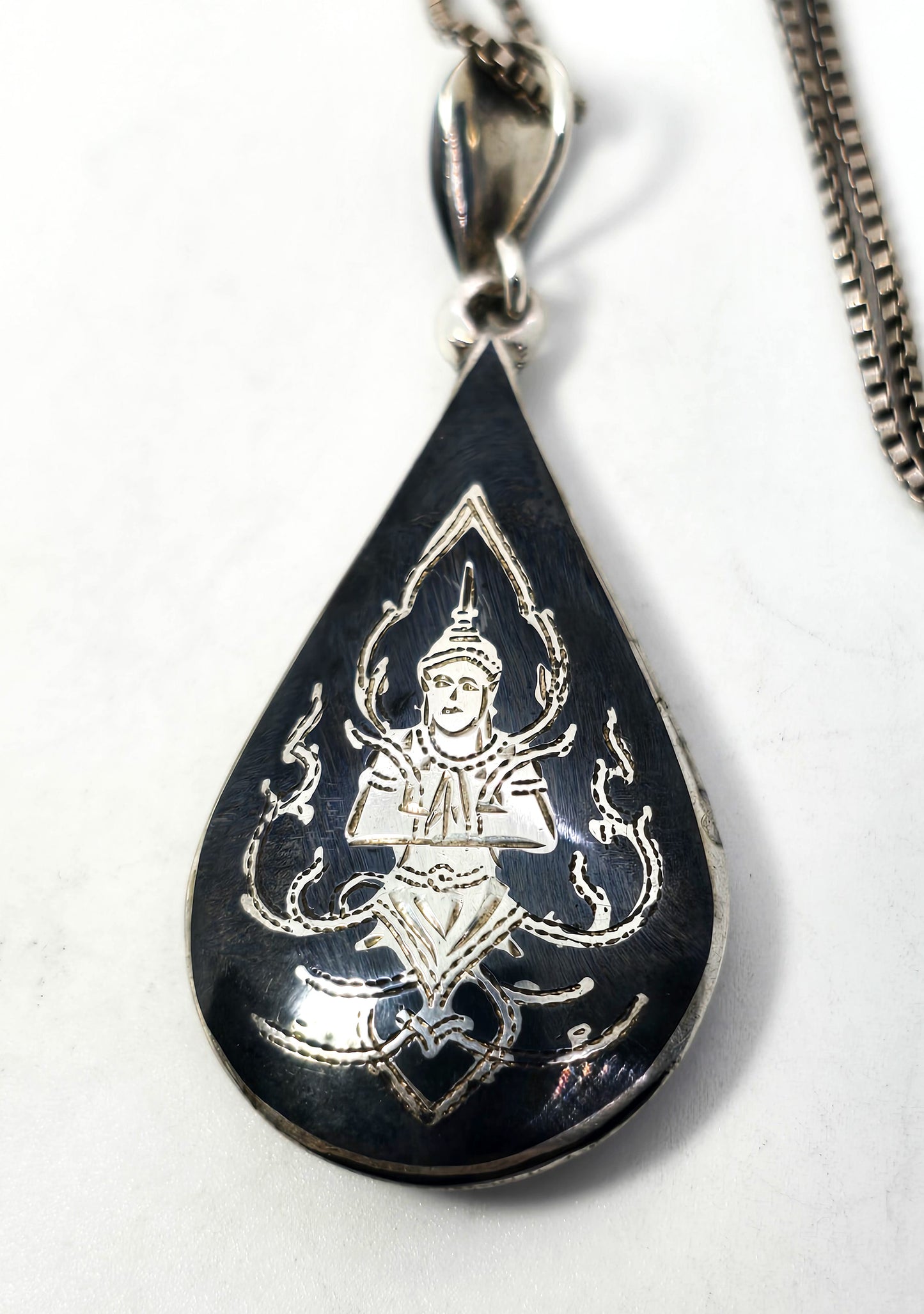 Siam Nielloware black enamel Mekkala goddess vintage sterling silver necklace