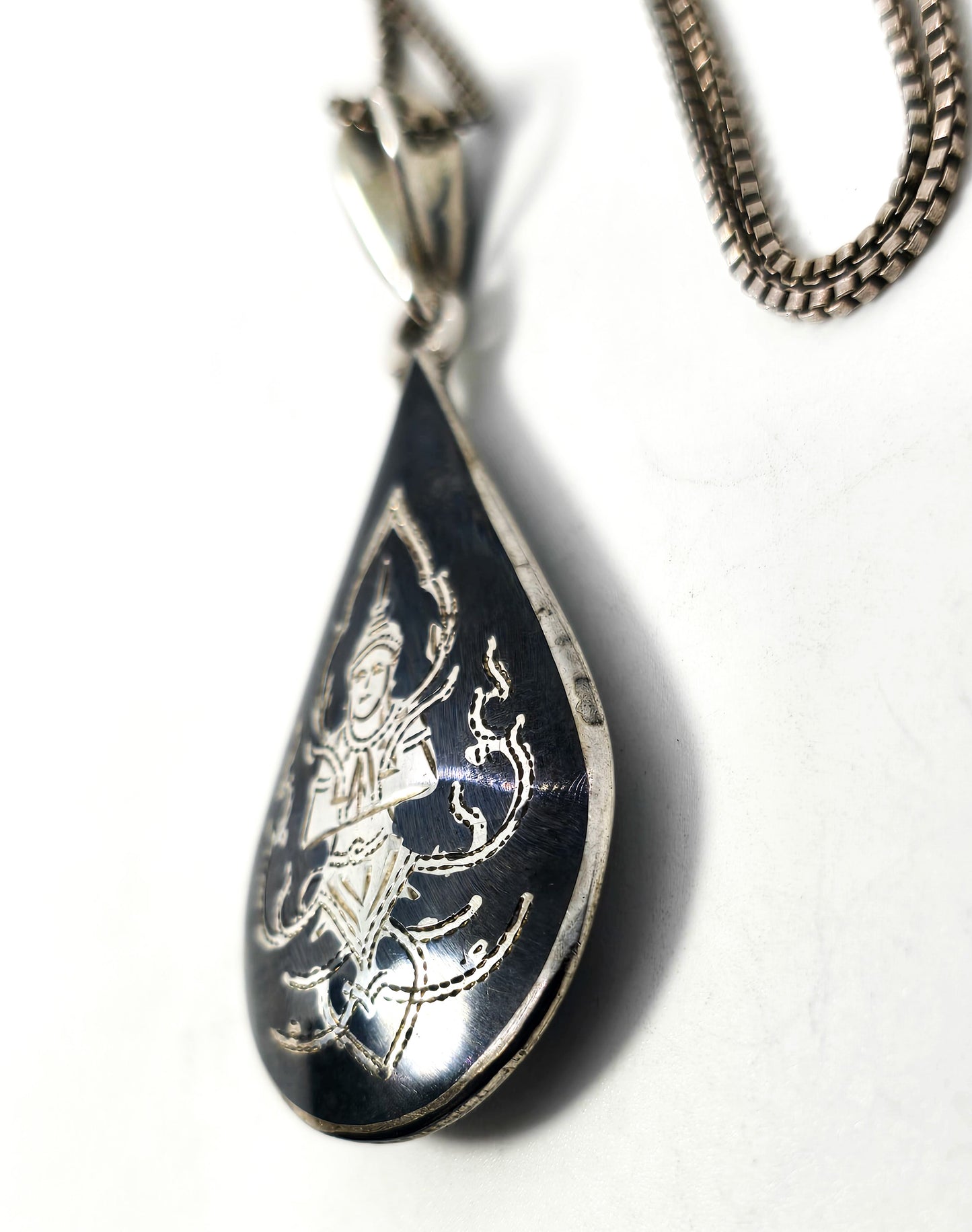 Siam Nielloware black enamel Mekkala goddess vintage sterling silver necklace