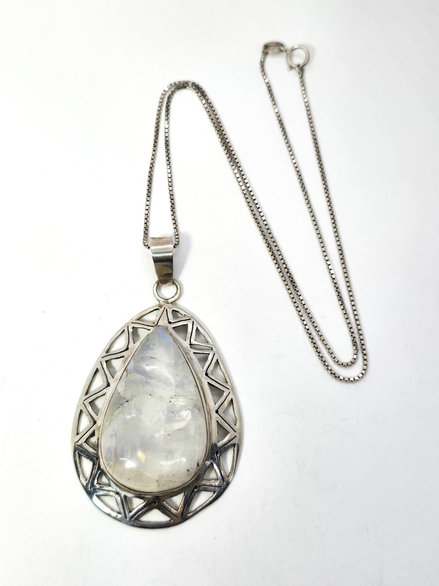 Blue Moonstone Large Flashy gemstone tribal sterling silver pendant necklace