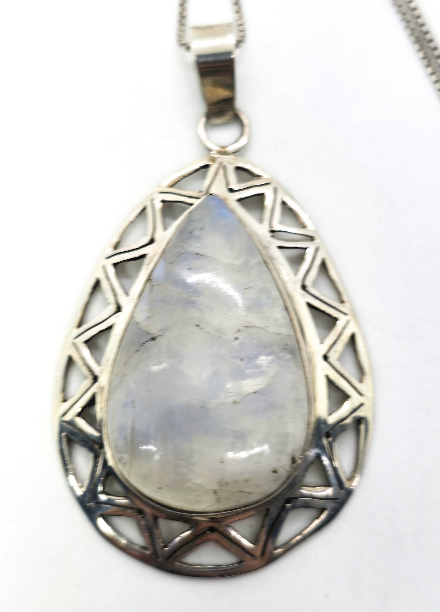 Blue Moonstone Large Flashy gemstone tribal sterling silver pendant necklace