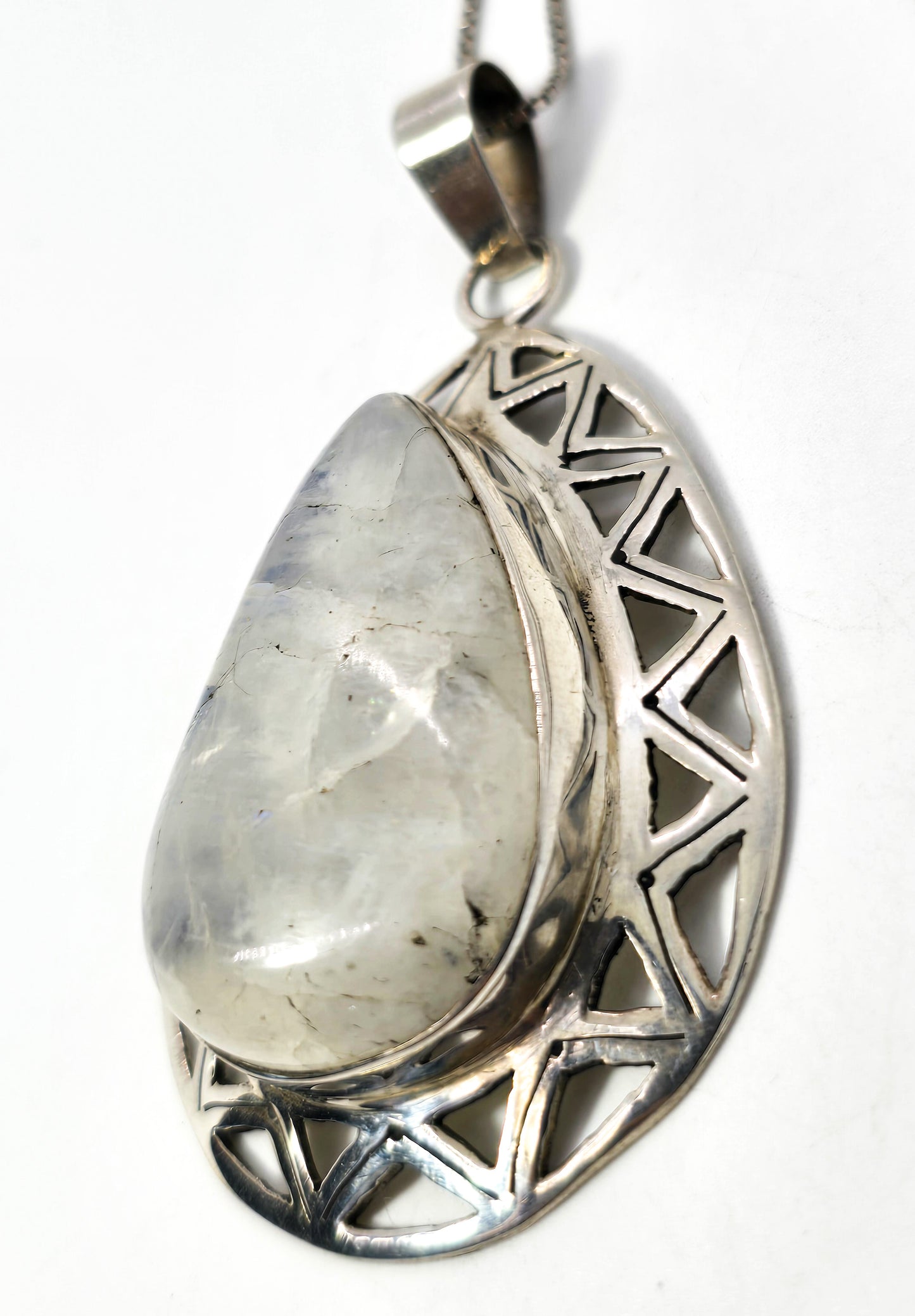 Blue Moonstone Large Flashy gemstone tribal sterling silver pendant necklace