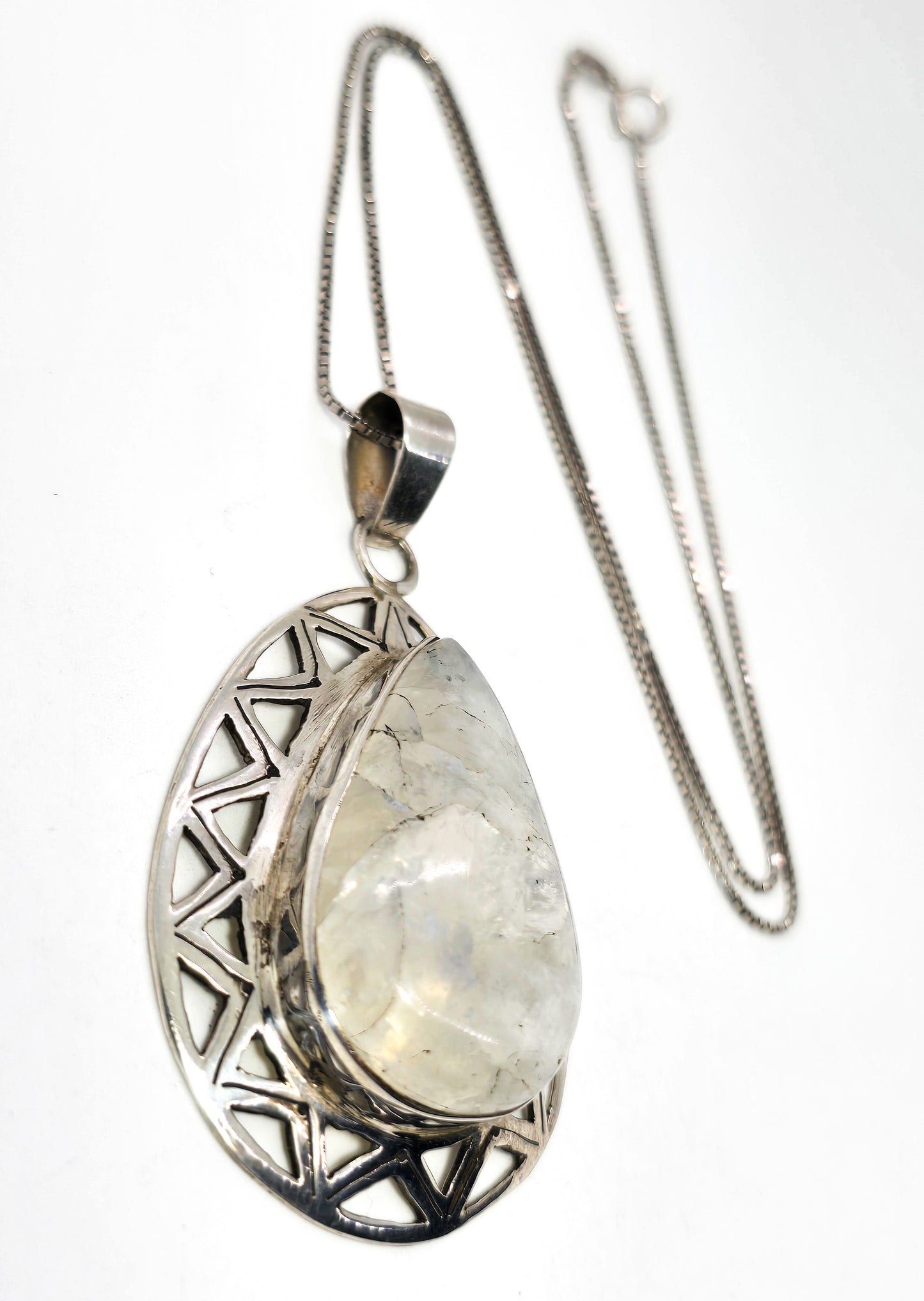 Blue Moonstone Large Flashy gemstone tribal sterling silver pendant necklace
