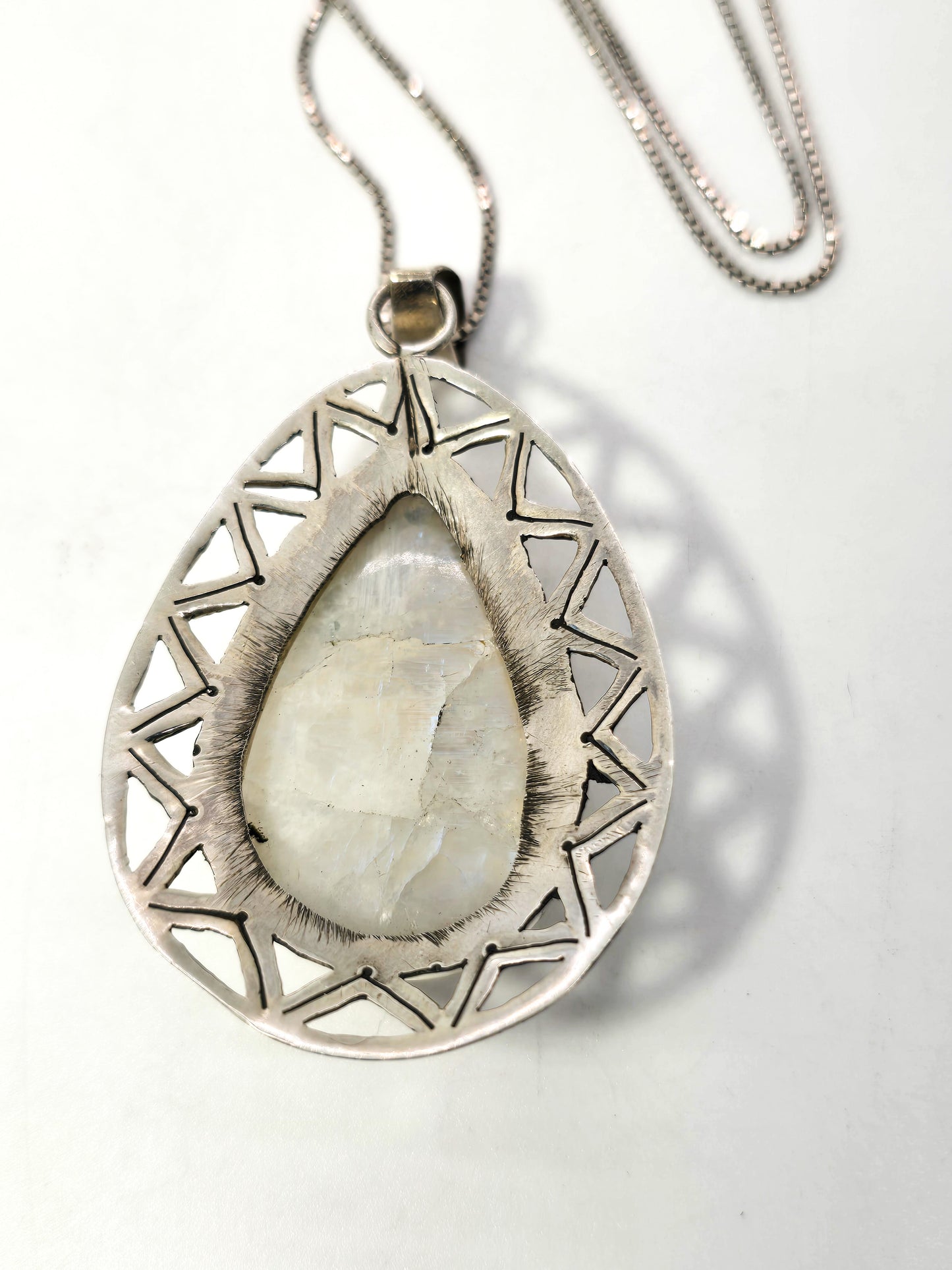 Blue Moonstone Large Flashy gemstone tribal sterling silver pendant necklace