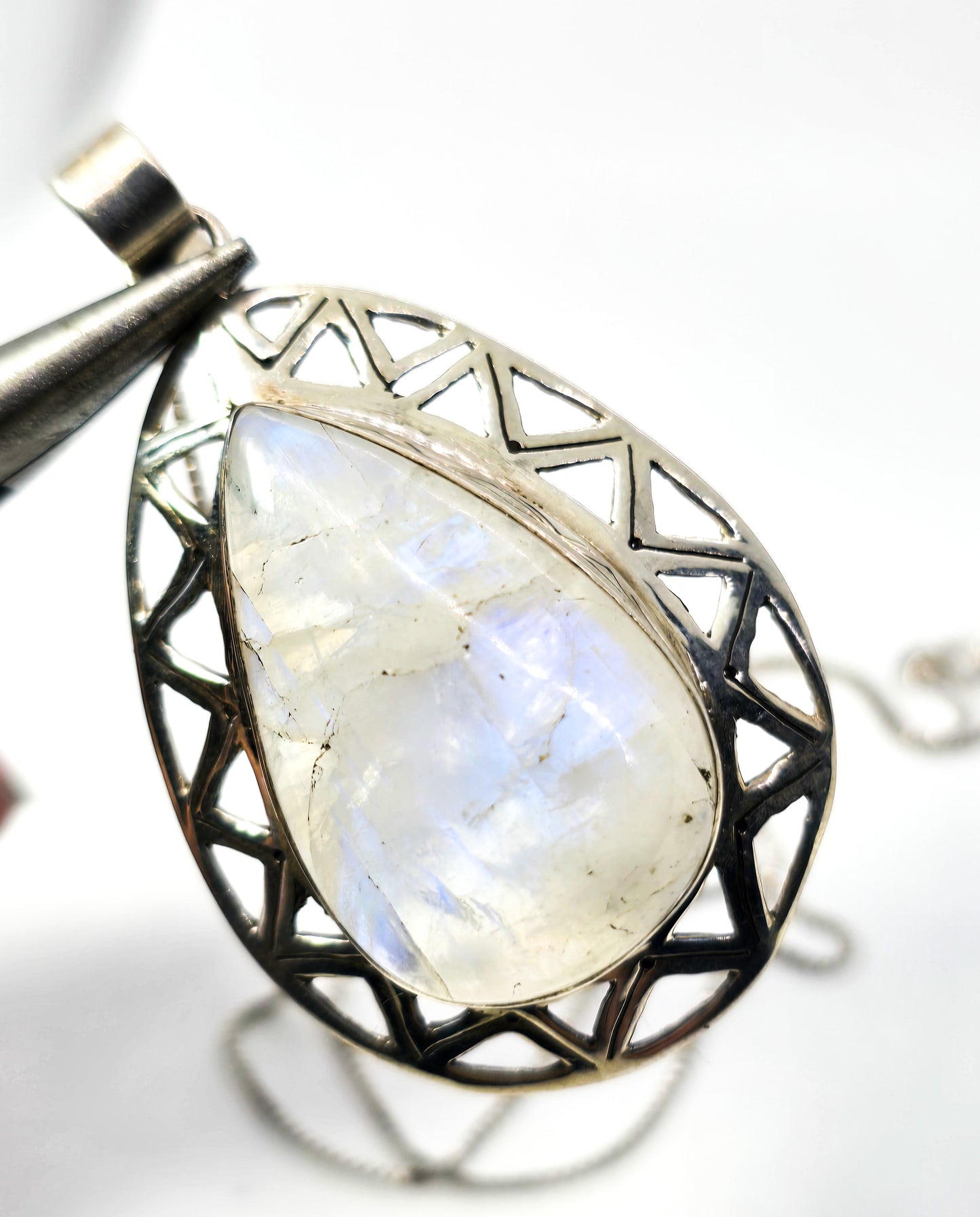 Blue Moonstone Large Flashy gemstone tribal sterling silver pendant necklace