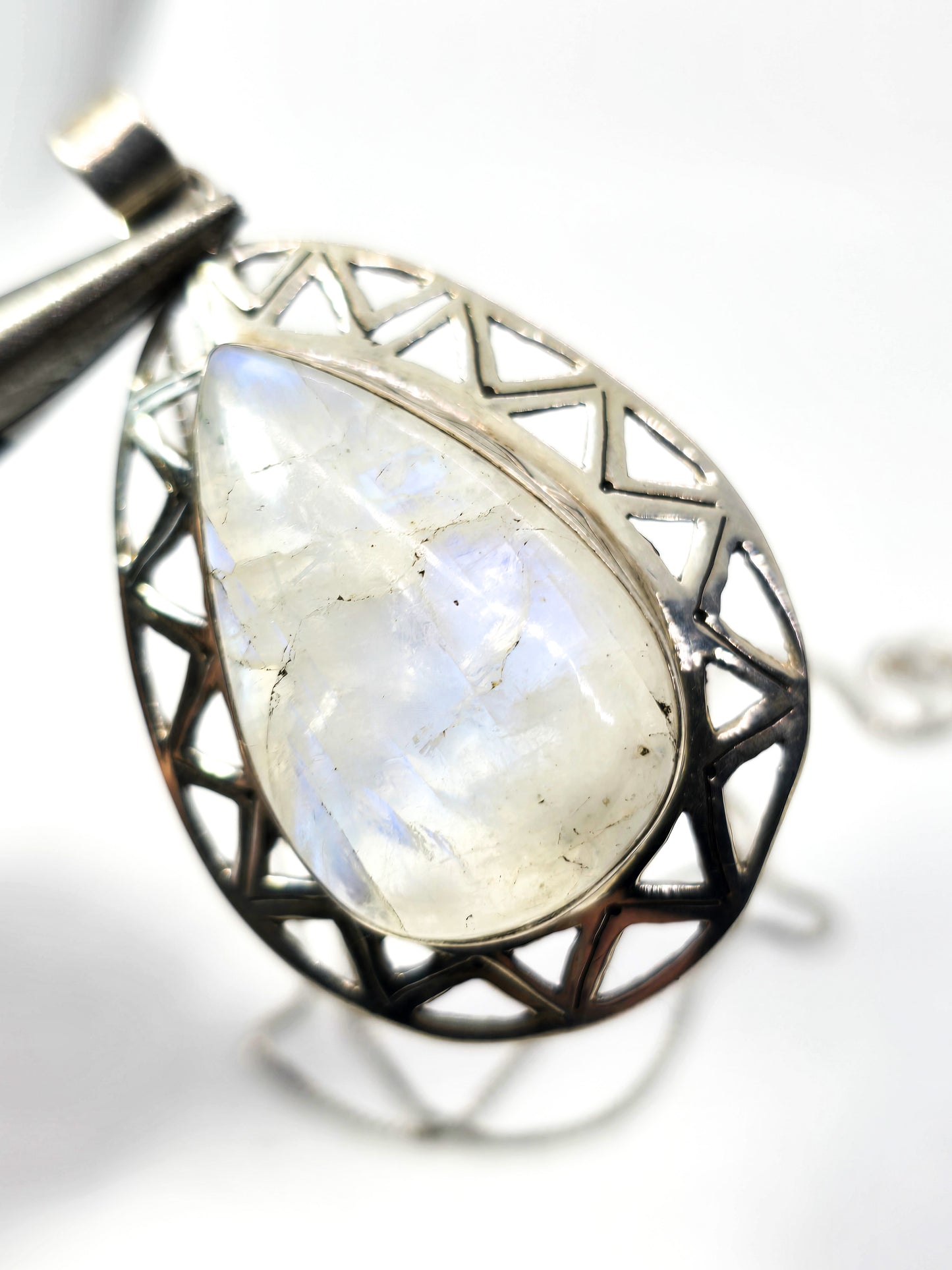 Blue Moonstone Large Flashy gemstone tribal sterling silver pendant necklace