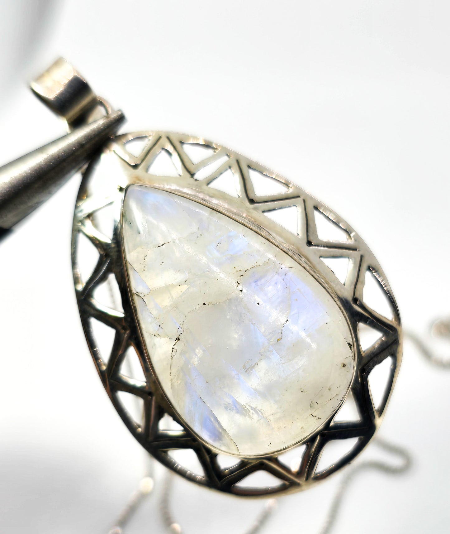 Blue Moonstone Large Flashy gemstone tribal sterling silver pendant necklace