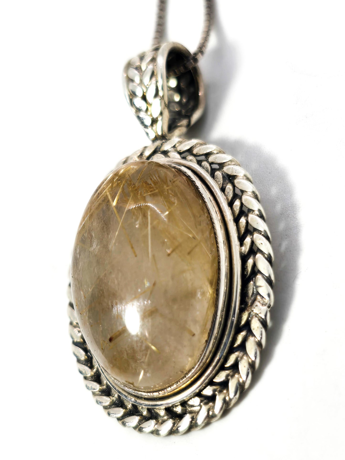 Golden Rutile Rutilated Quartz gemstone sterling silver wheat pendant necklace