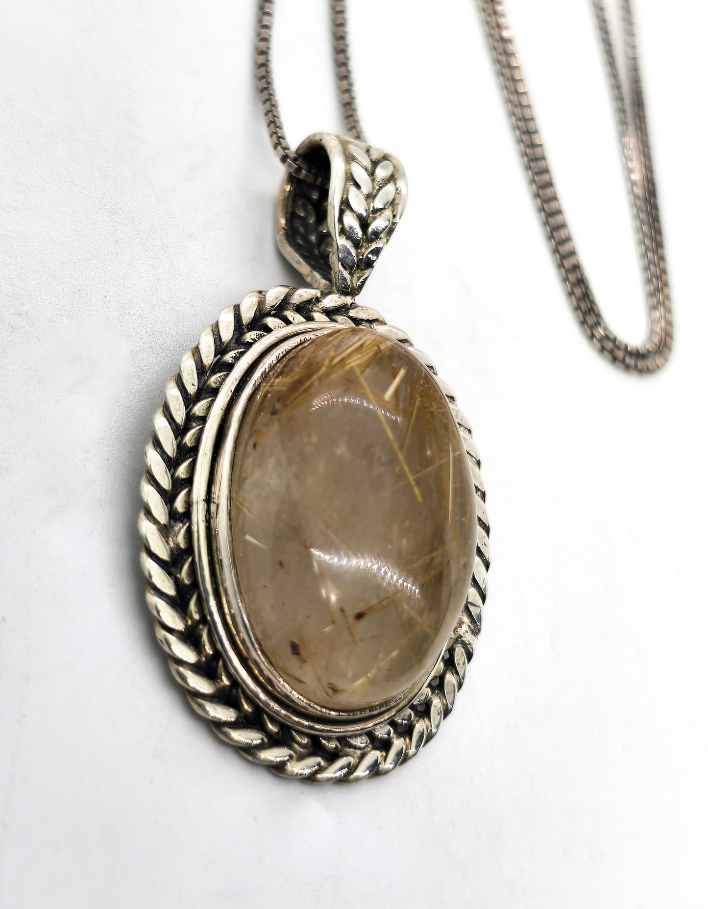 Golden Rutile Rutilated Quartz gemstone sterling silver wheat pendant necklace