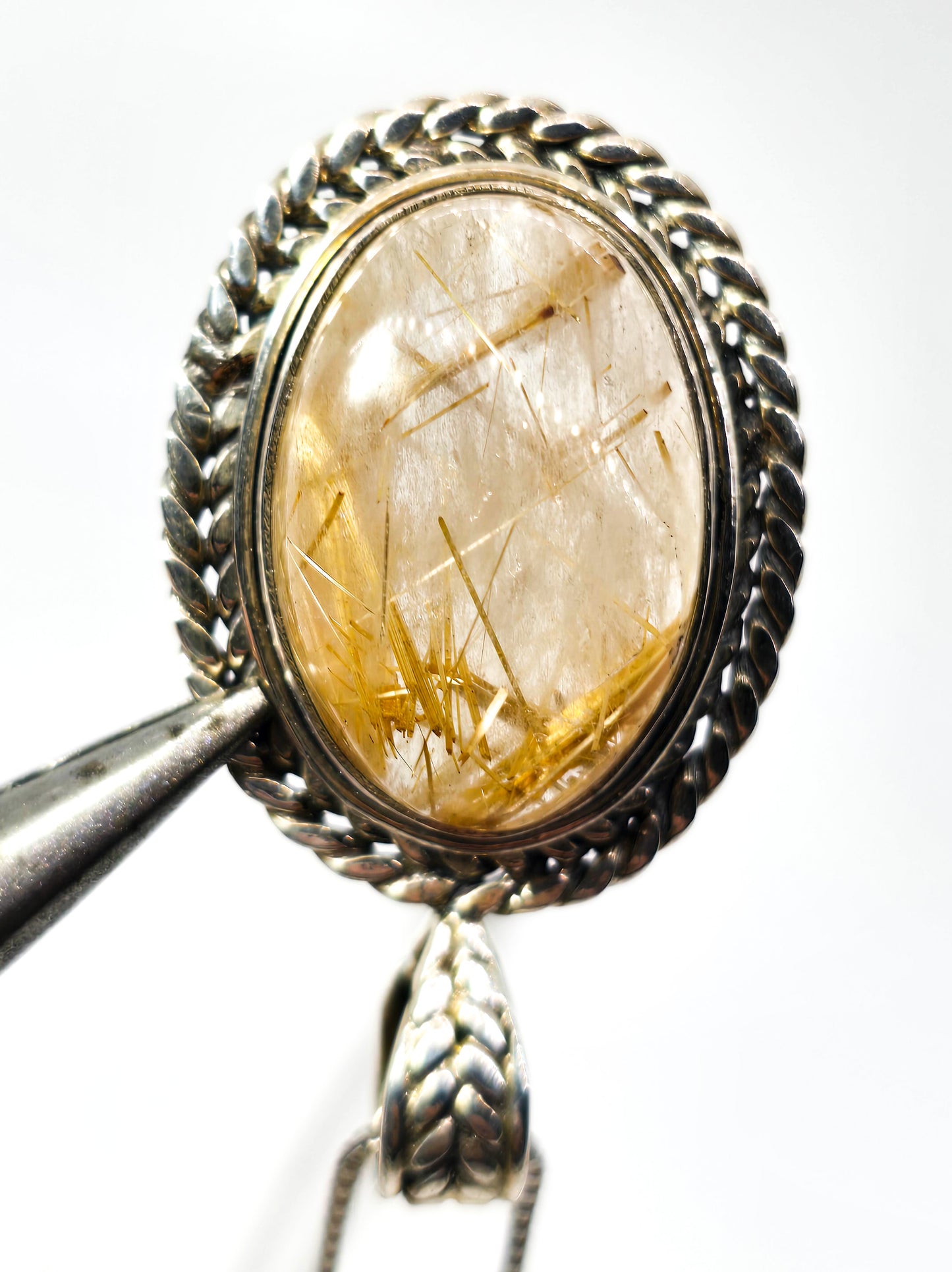 Golden Rutile Rutilated Quartz gemstone sterling silver wheat pendant necklace