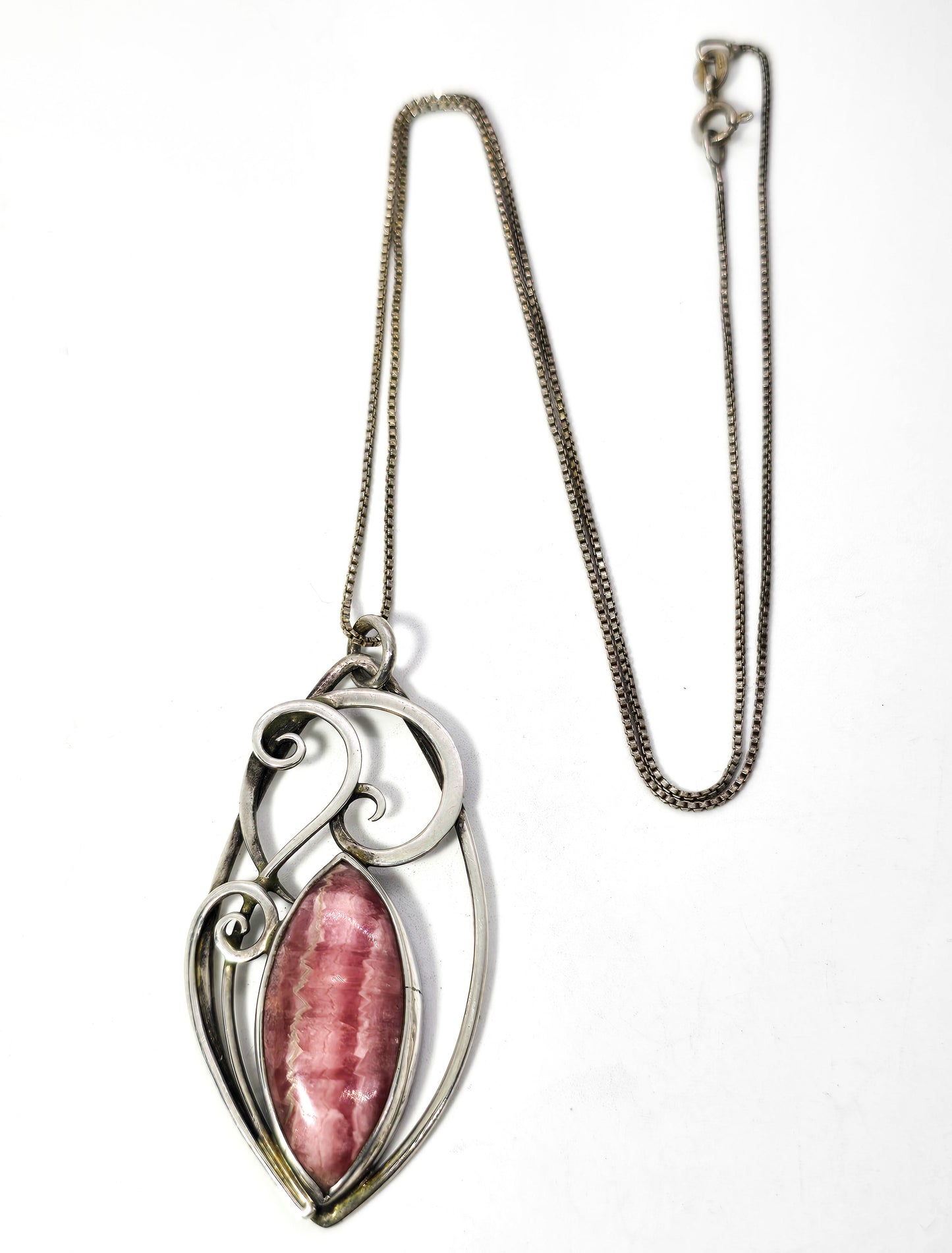 Rhodochrosite pink gemstone vintage artisan swirl sterling silver pendant necklace