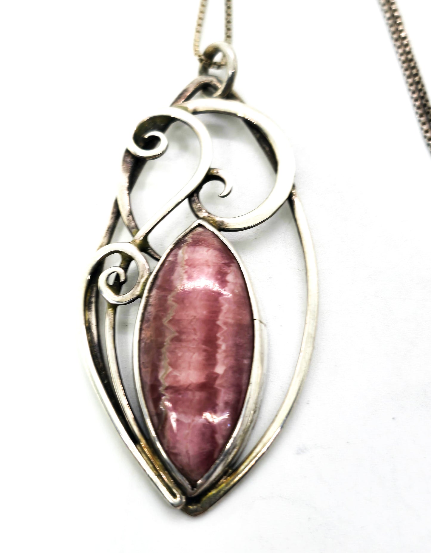 Rhodochrosite pink gemstone vintage artisan swirl sterling silver pendant necklace