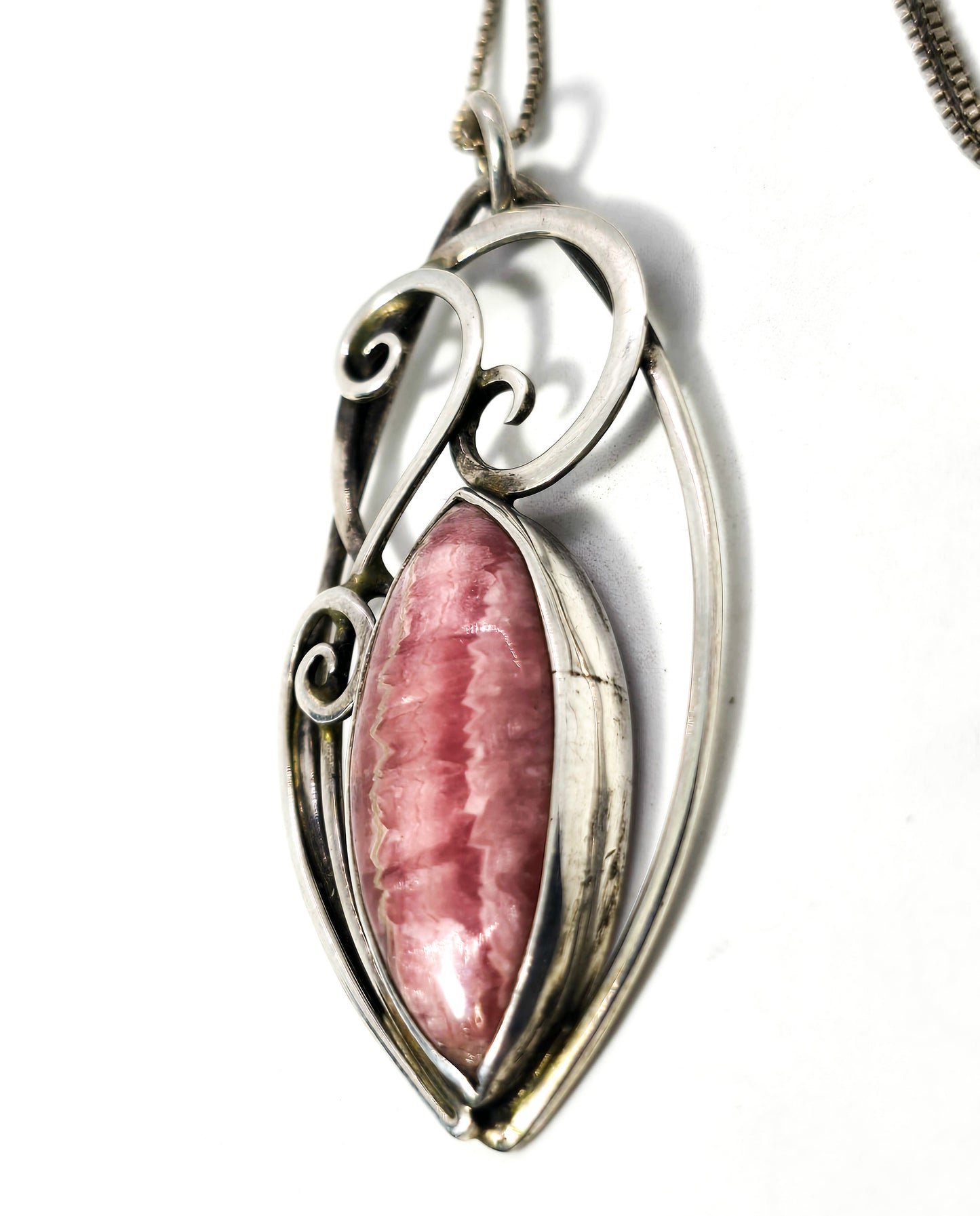 Rhodochrosite pink gemstone vintage artisan swirl sterling silver pendant necklace