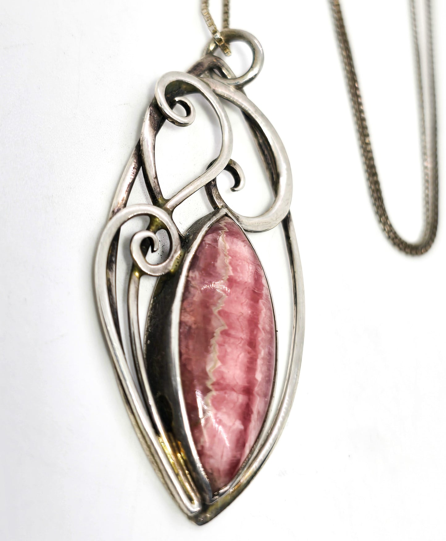 Rhodochrosite pink gemstone vintage artisan swirl sterling silver pendant necklace