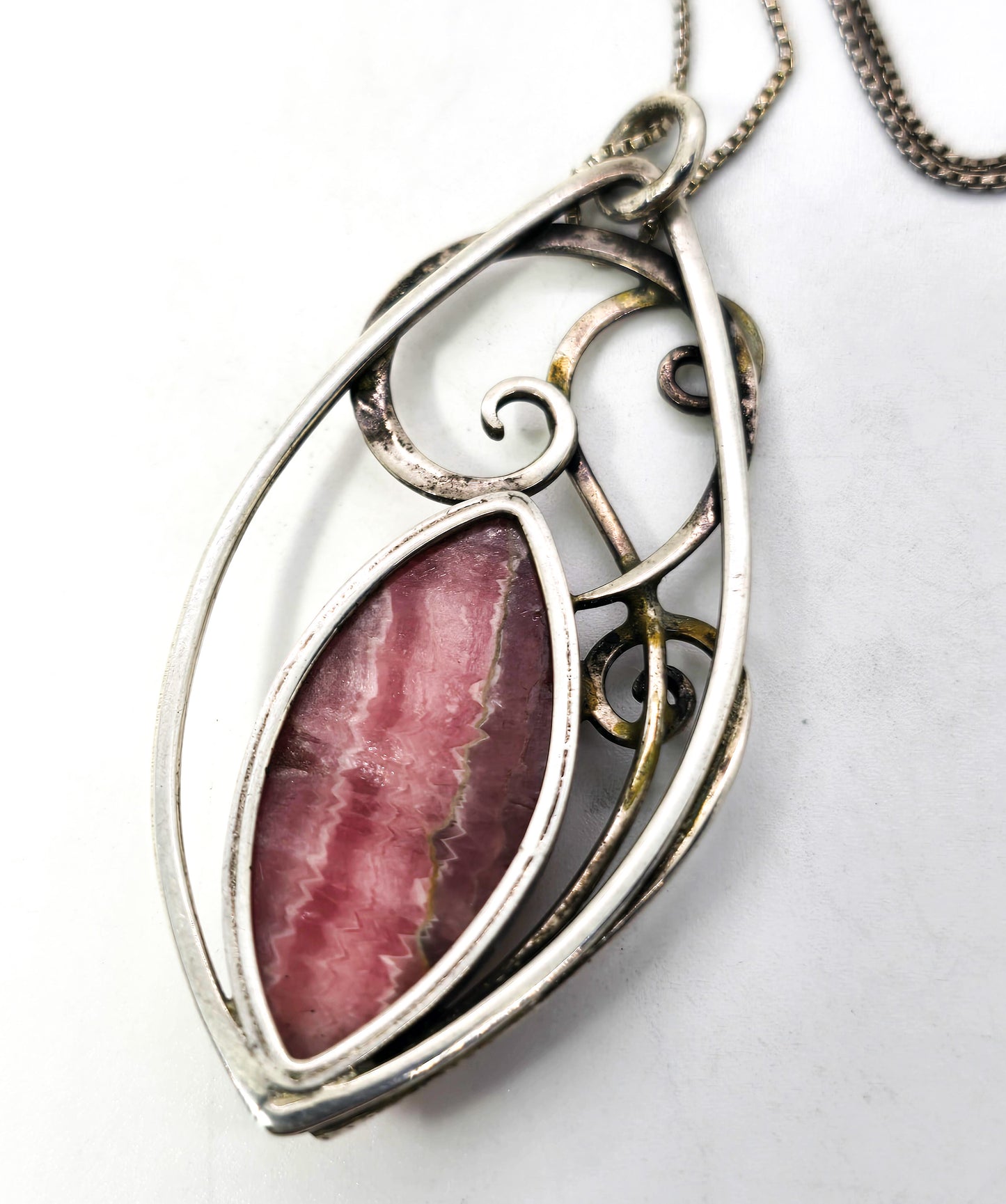Rhodochrosite pink gemstone vintage artisan swirl sterling silver pendant necklace