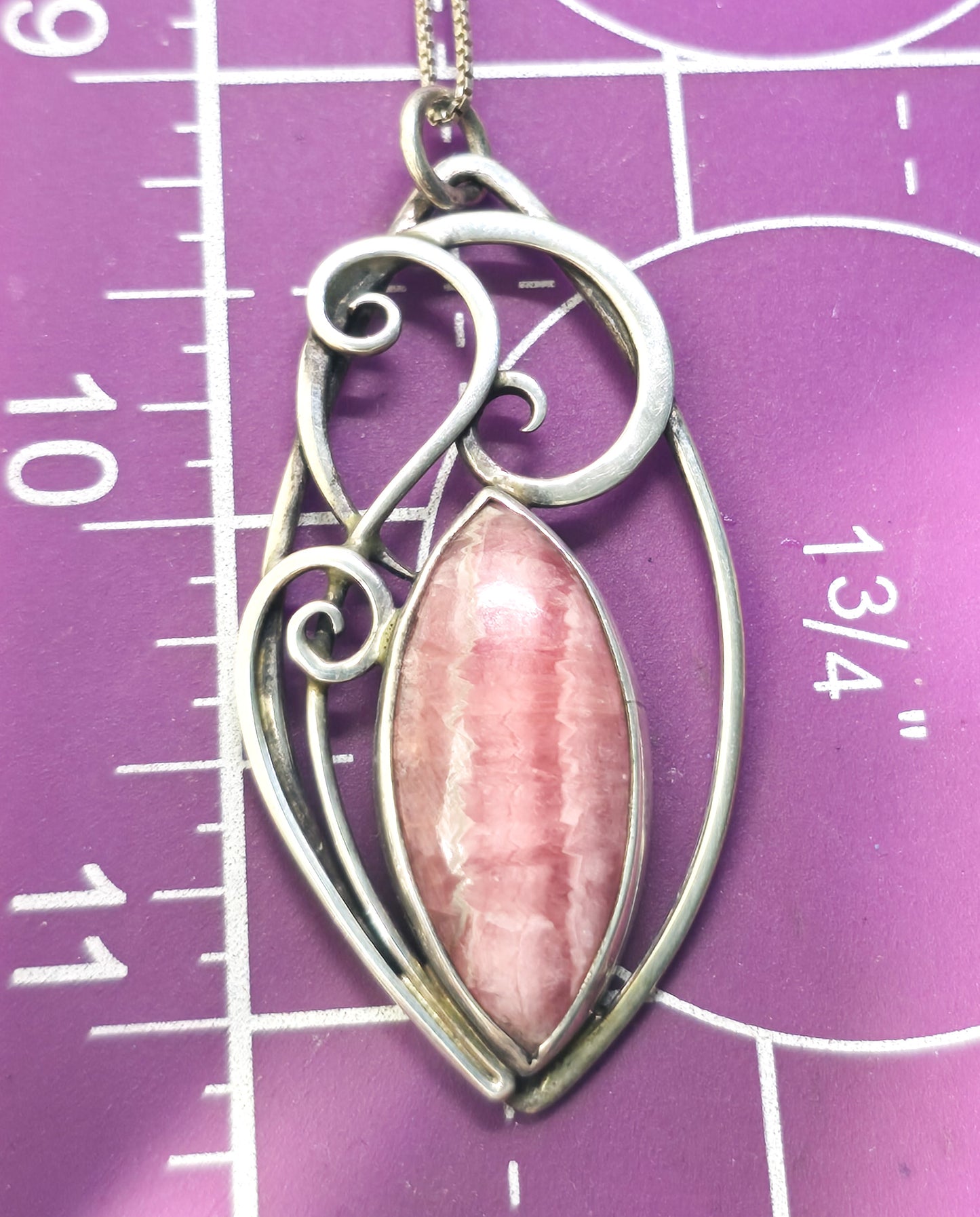 Rhodochrosite pink gemstone vintage artisan swirl sterling silver pendant necklace