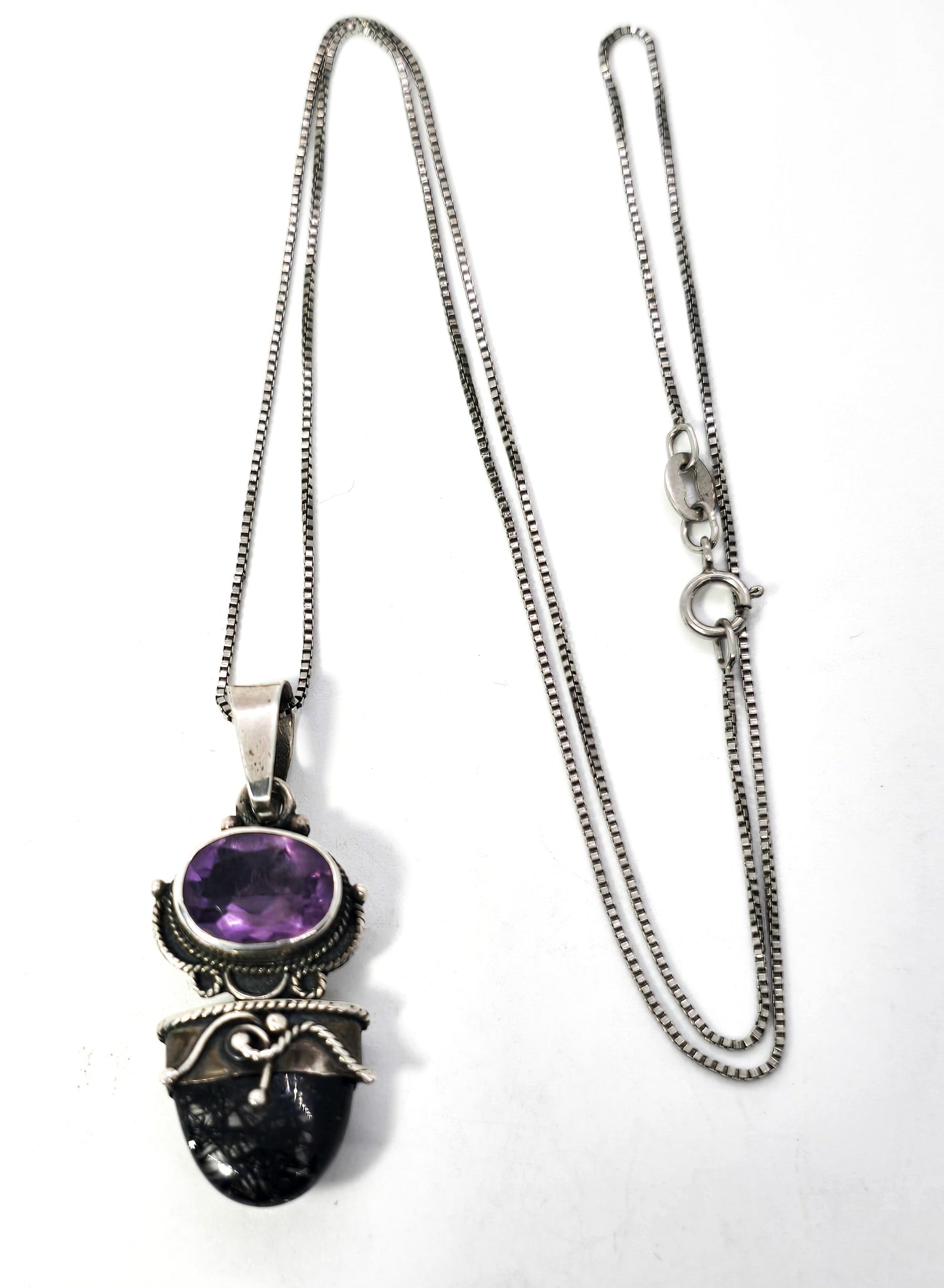 Amethyst Rutilated Black Tourmaline Quartz tribal sterling silver pendant necklace