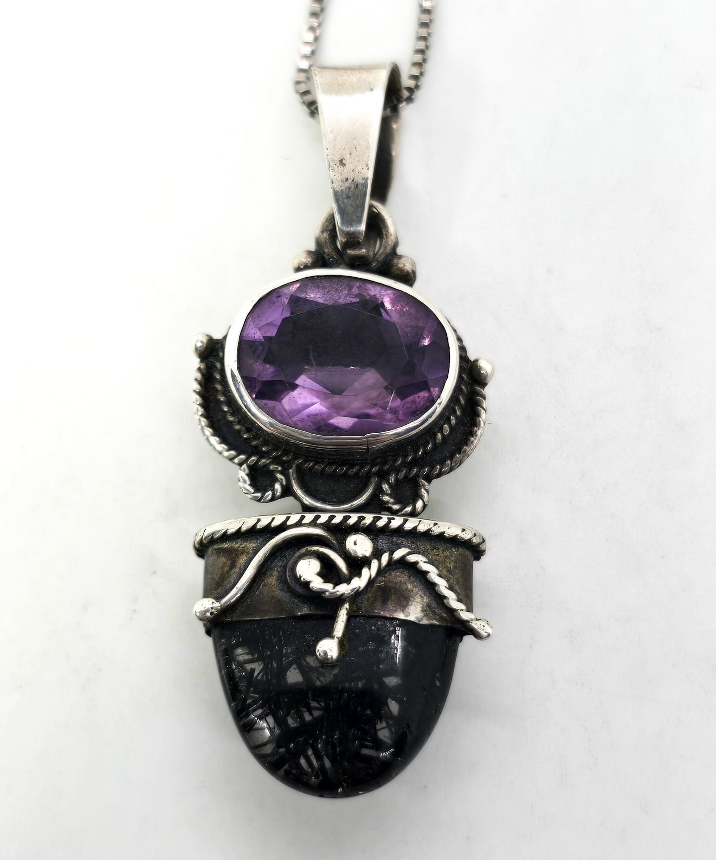 Amethyst Rutilated Black Tourmaline Quartz tribal sterling silver pendant necklace