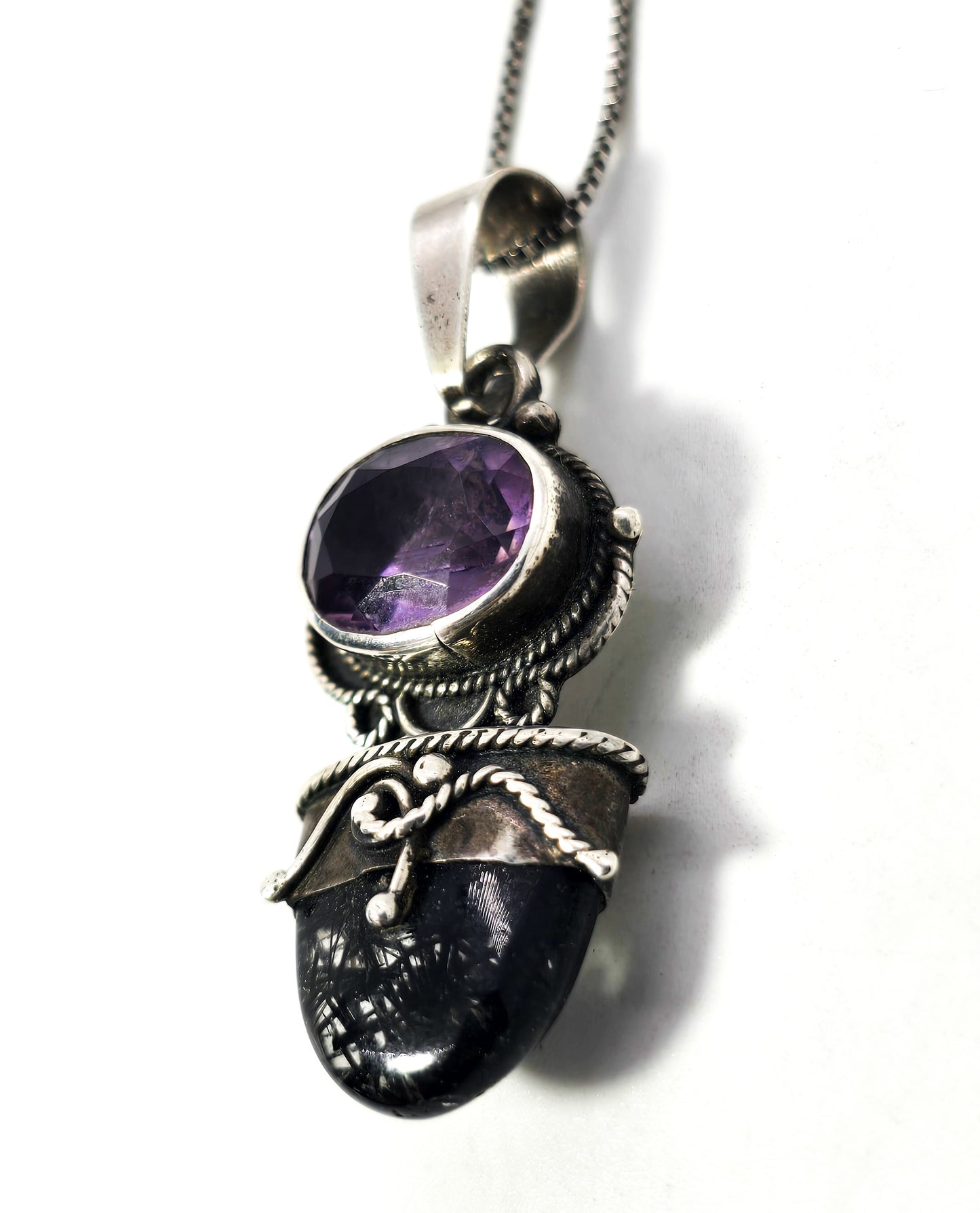 Amethyst Rutilated Black Tourmaline Quartz tribal sterling silver pendant necklace