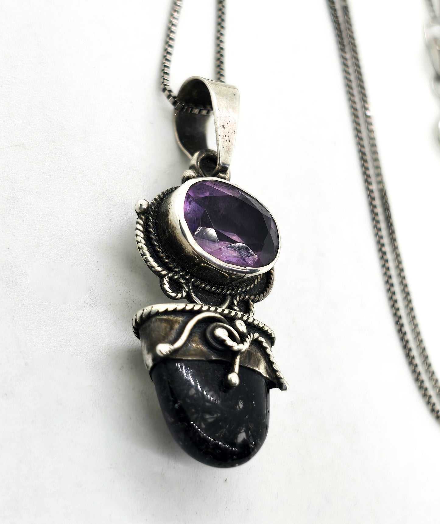 Amethyst Rutilated Black Tourmaline Quartz tribal sterling silver pendant necklace