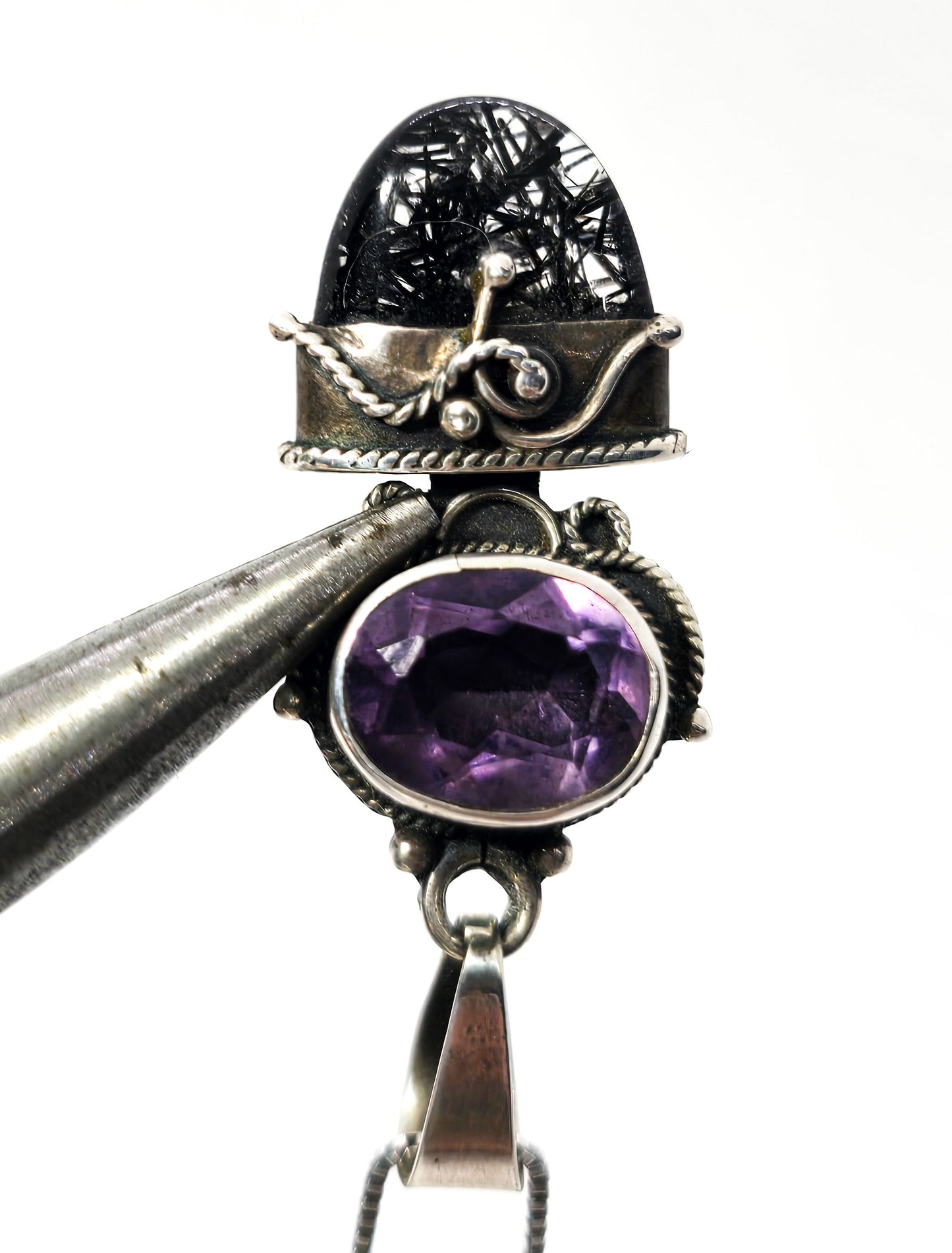 Amethyst Rutilated Black Tourmaline Quartz tribal sterling silver pendant necklace
