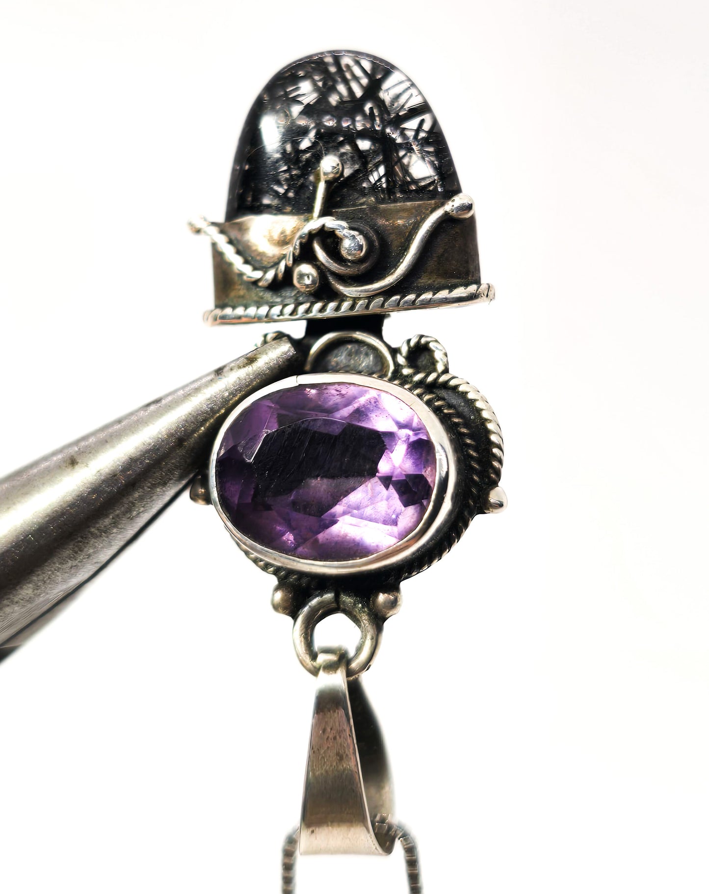 Amethyst Rutilated Black Tourmaline Quartz tribal sterling silver pendant necklace