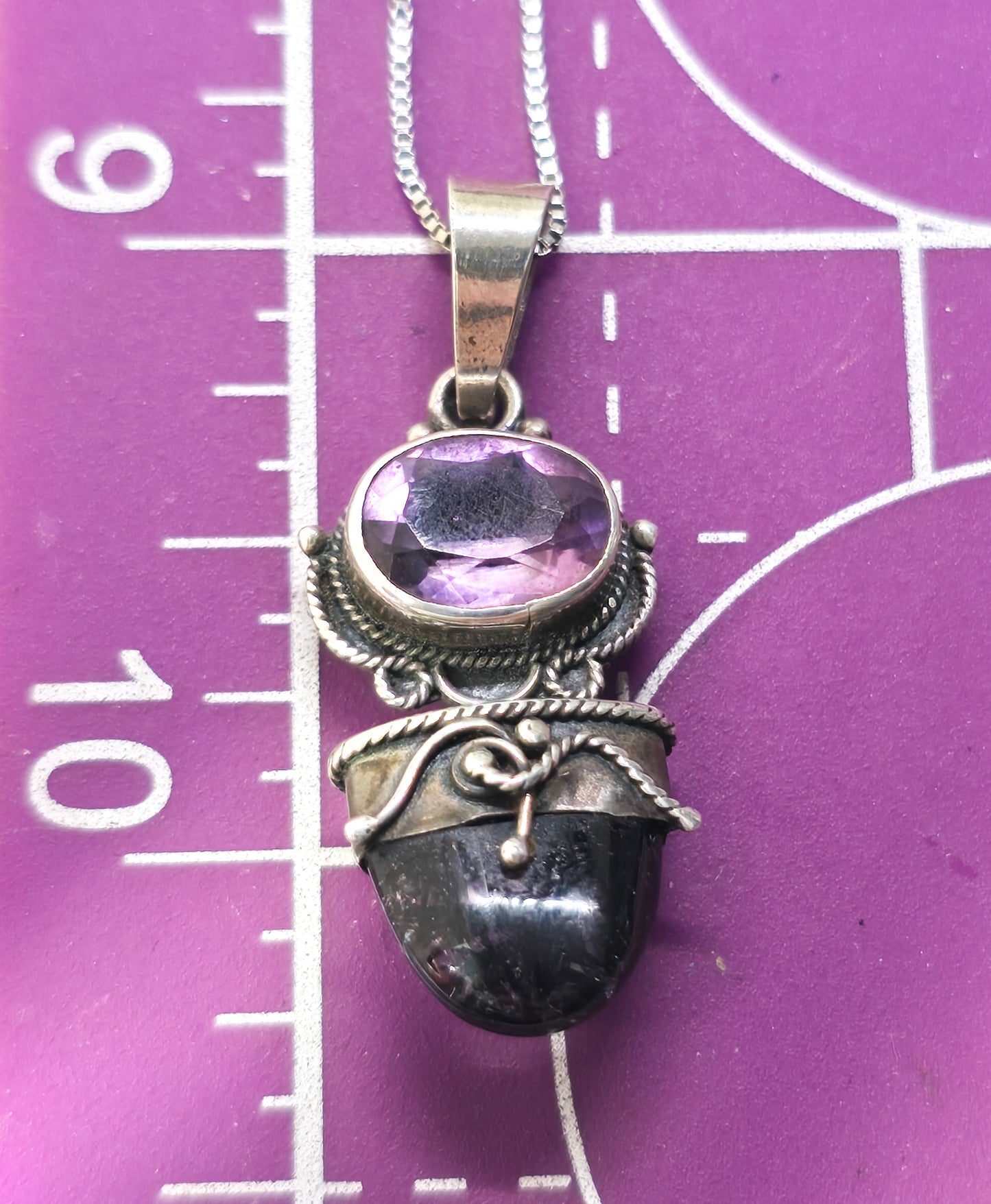 Amethyst Rutilated Black Tourmaline Quartz tribal sterling silver pendant necklace