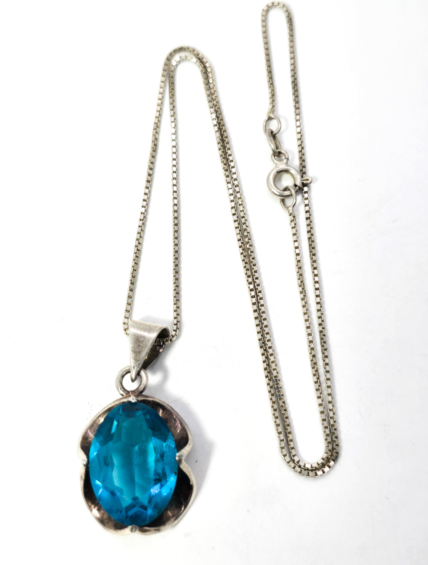 Aqua blue glass vintage sterling silver Mexican pendant necklace