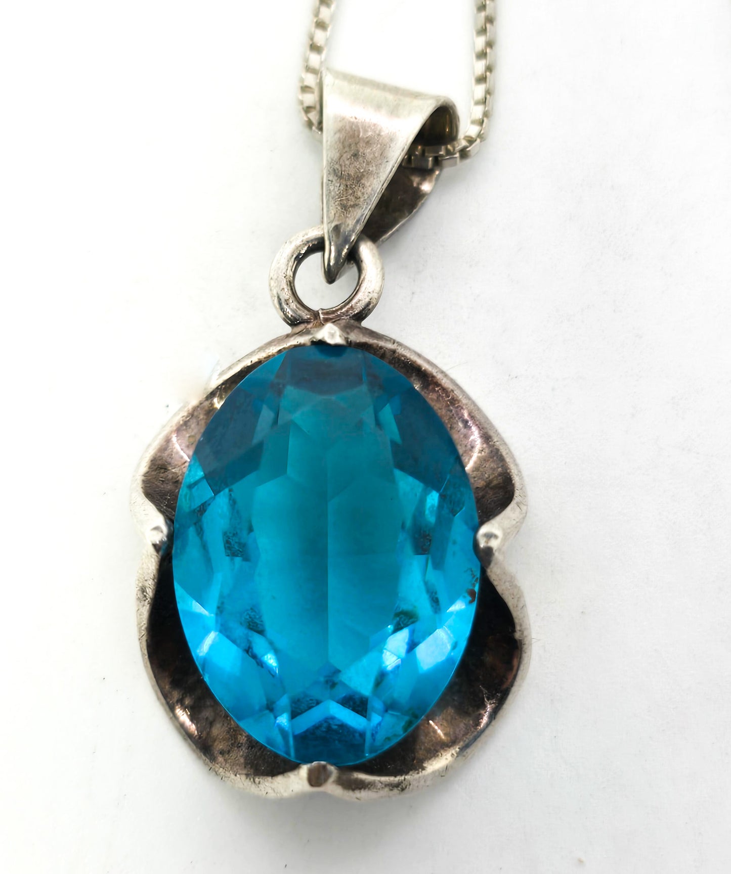 Aqua blue glass vintage sterling silver Mexican pendant necklace