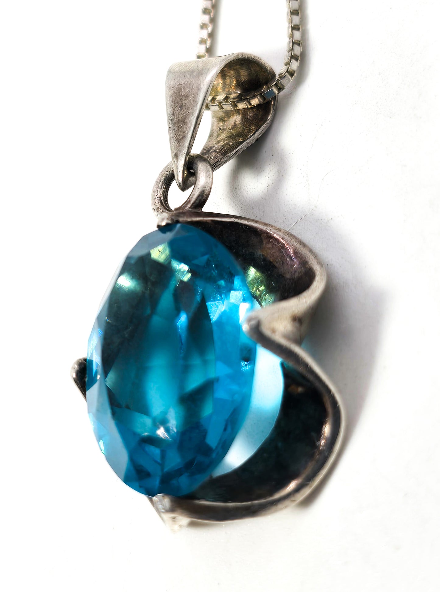 Aqua blue glass vintage sterling silver Mexican pendant necklace