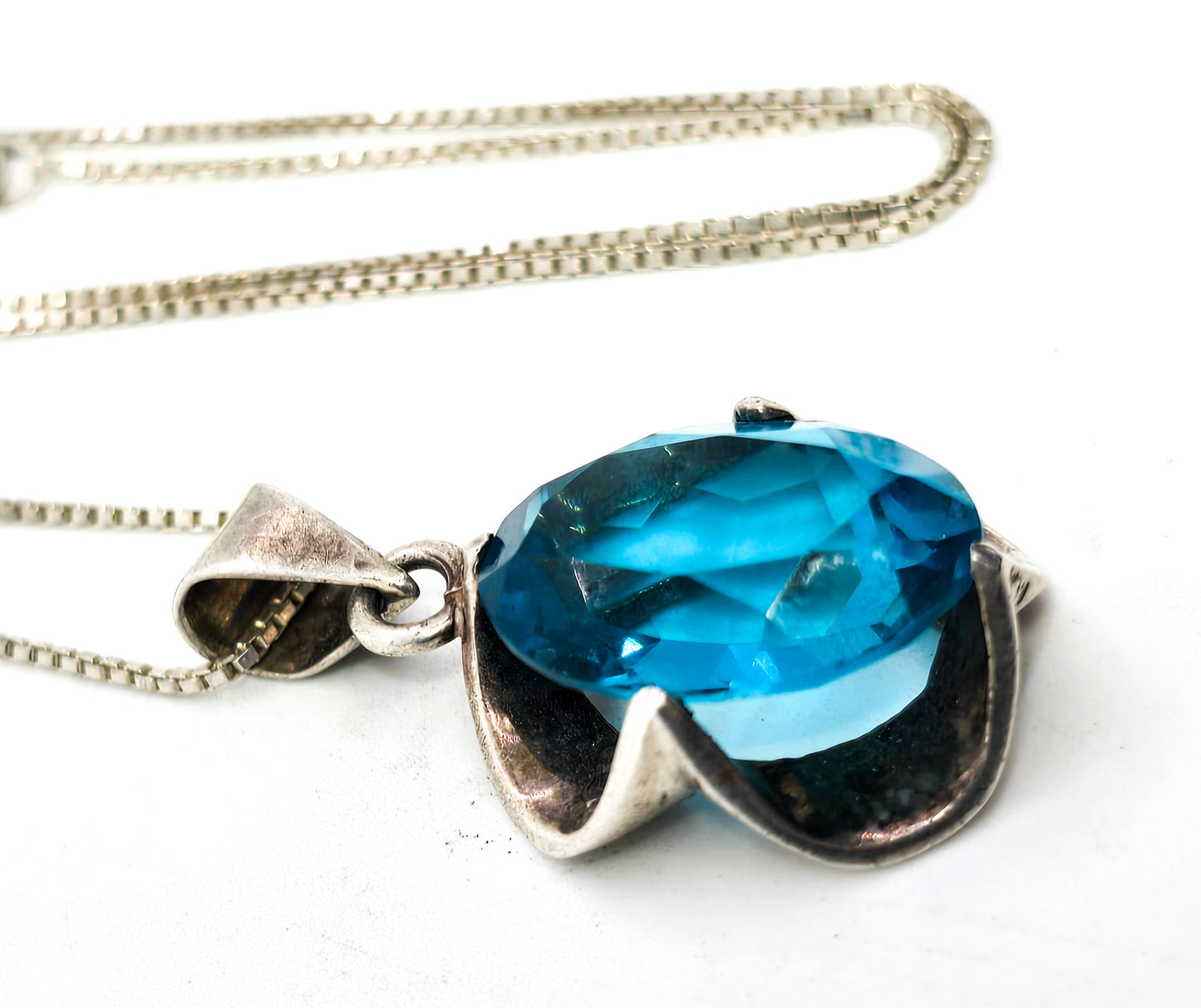 Aqua blue glass vintage sterling silver Mexican pendant necklace