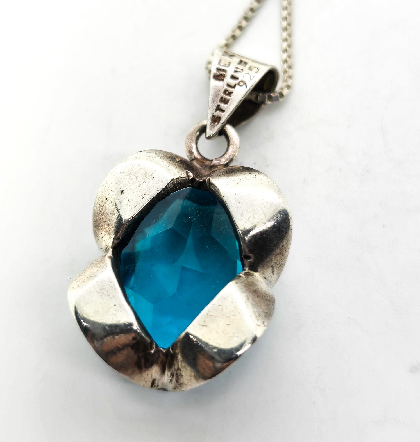 Aqua blue glass vintage sterling silver Mexican pendant necklace