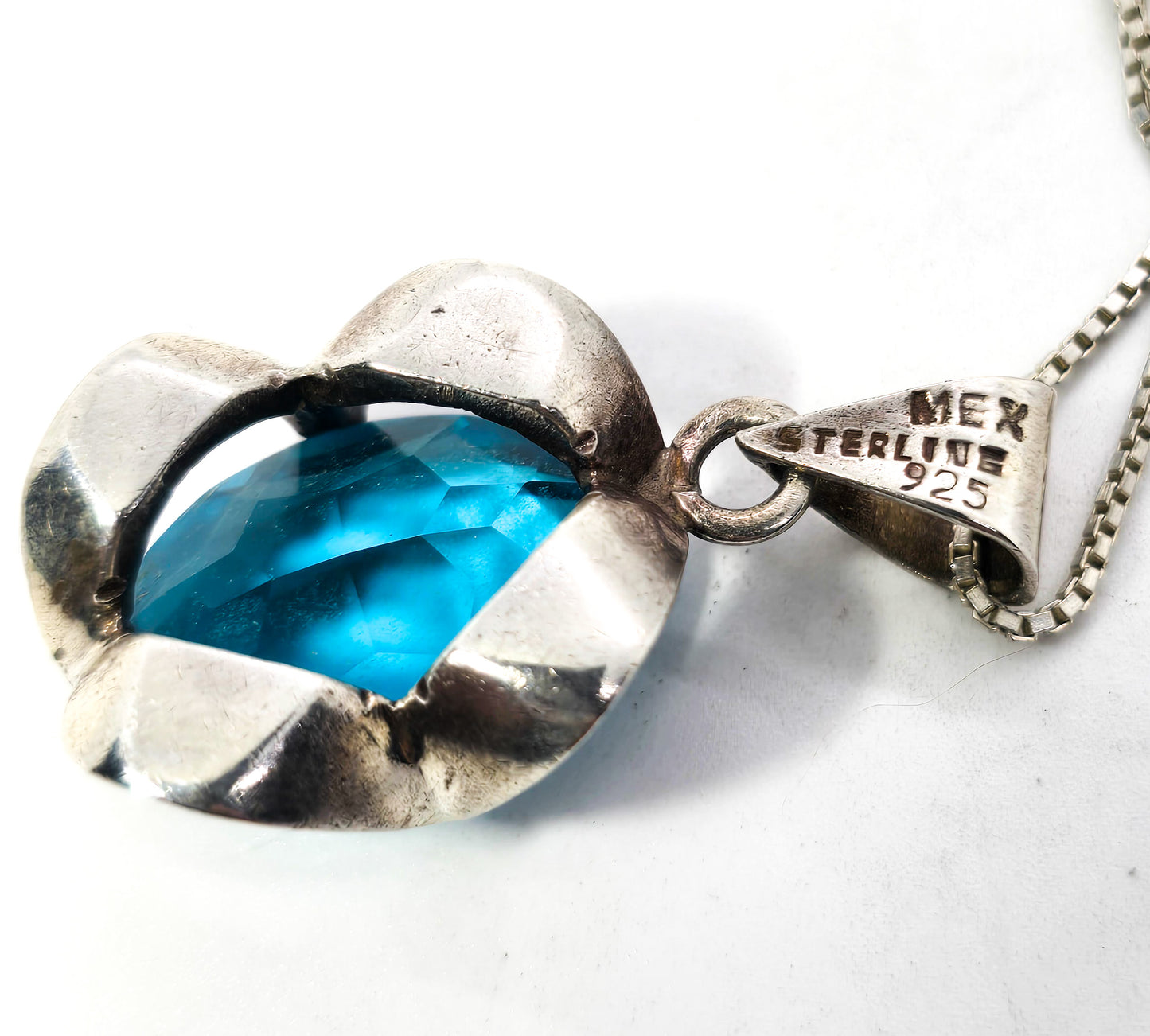 Aqua blue glass vintage sterling silver Mexican pendant necklace