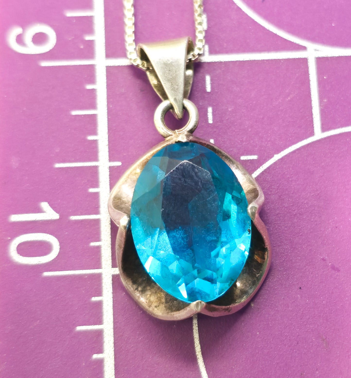 Aqua blue glass vintage sterling silver Mexican pendant necklace