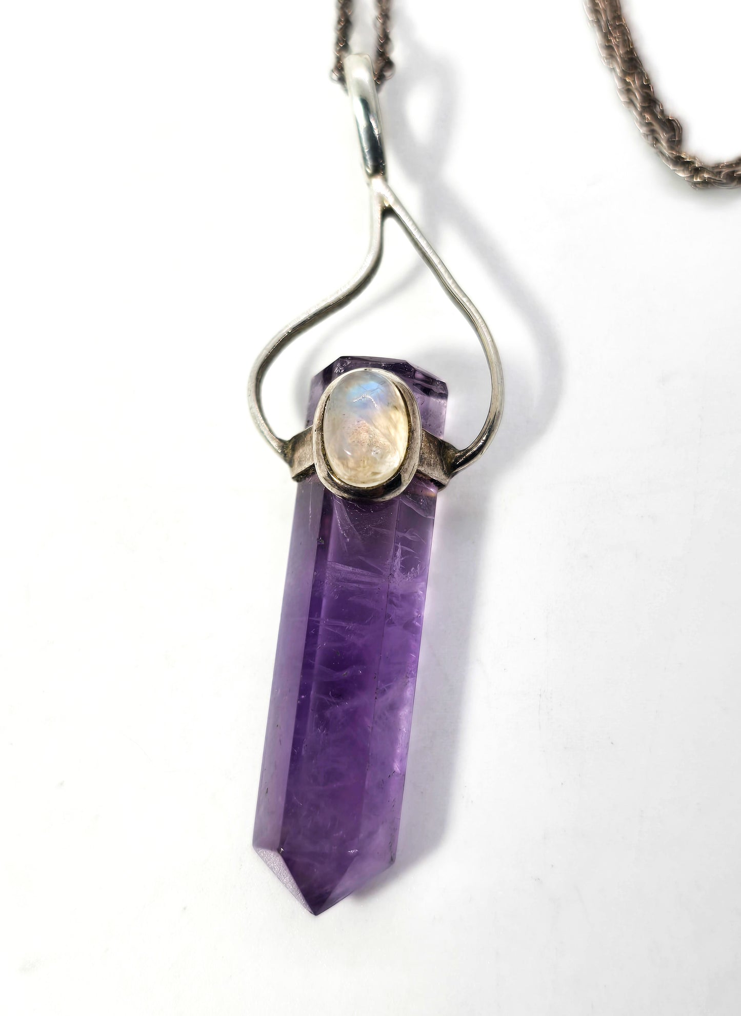 Purple Amethyst terminated artisan sterling silver flashy moonstone necklace