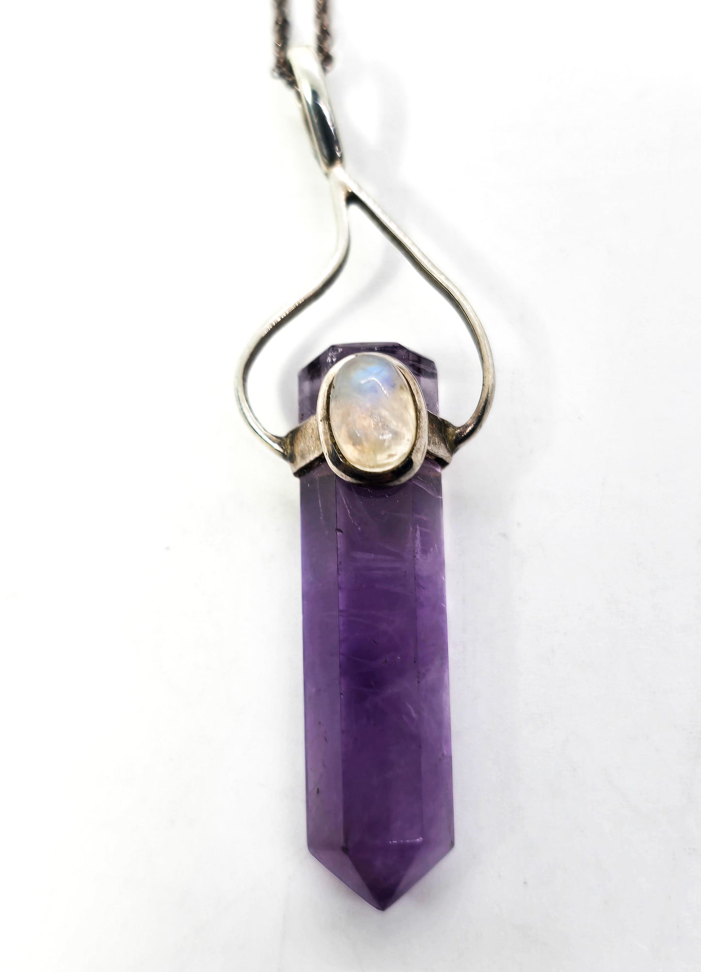 Purple Amethyst terminated artisan sterling silver flashy moonstone necklace