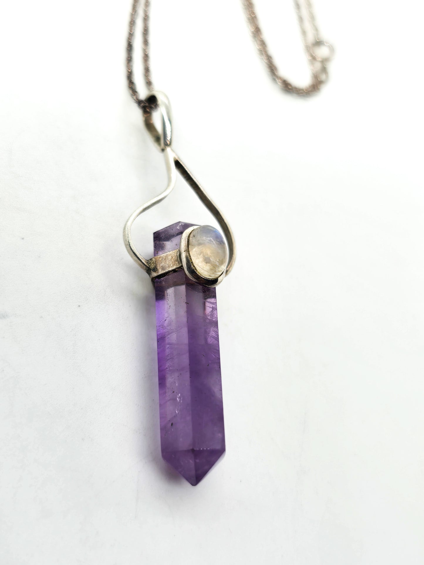 Purple Amethyst terminated artisan sterling silver flashy moonstone necklace