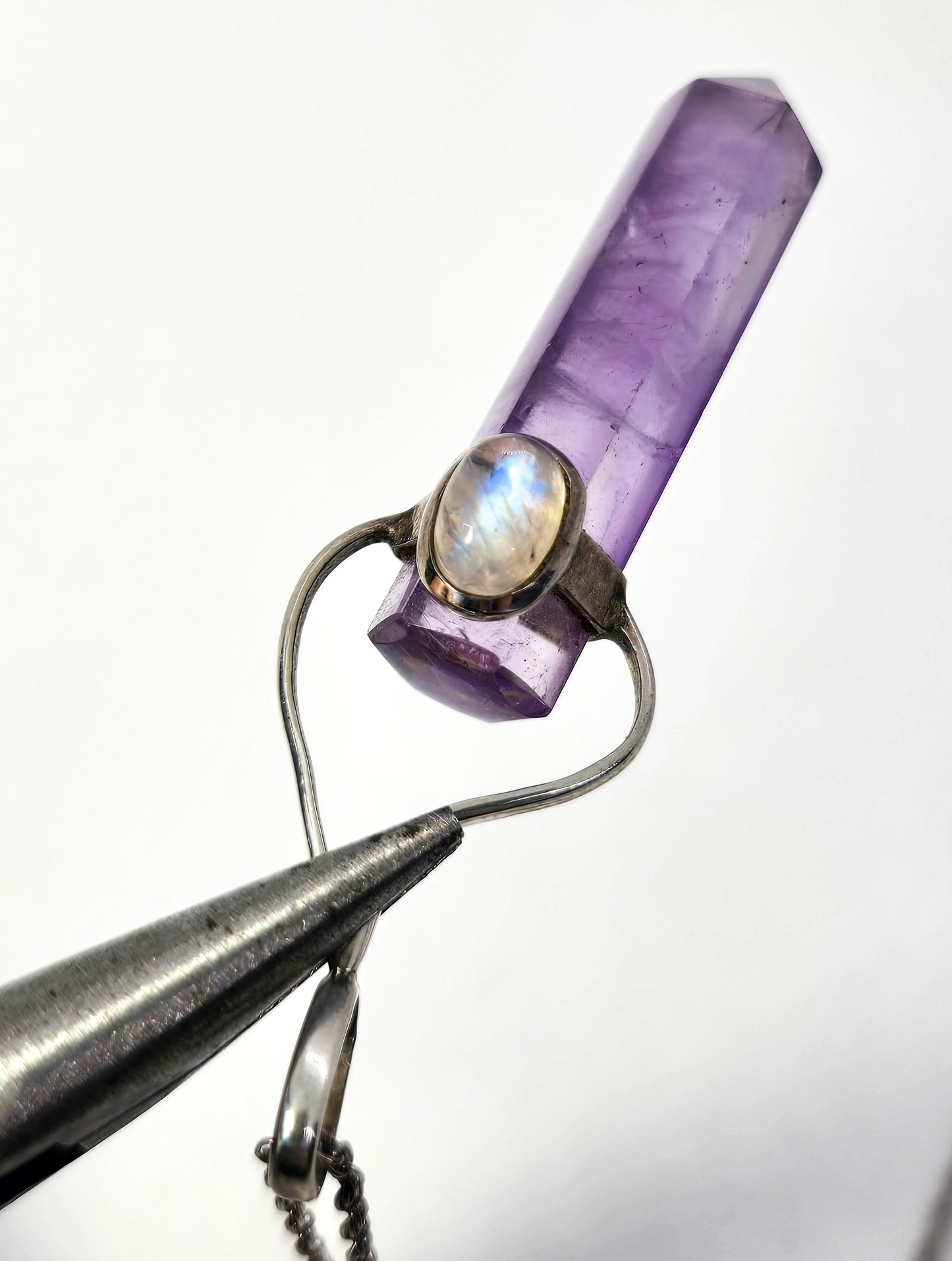 Purple Amethyst terminated artisan sterling silver flashy moonstone necklace