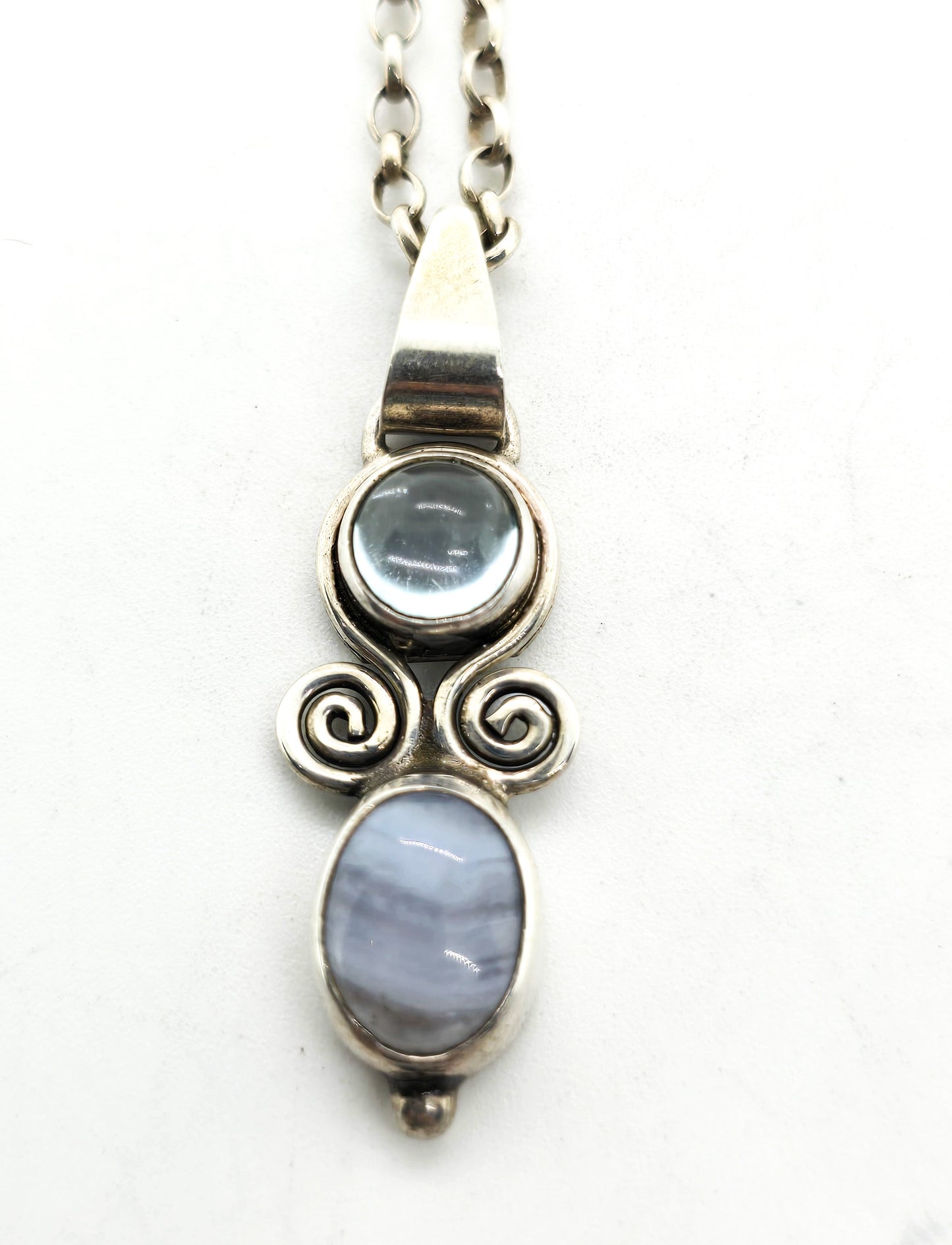 Blue lace agate blue topaz tribal sterling silver Bali gemstone necklace