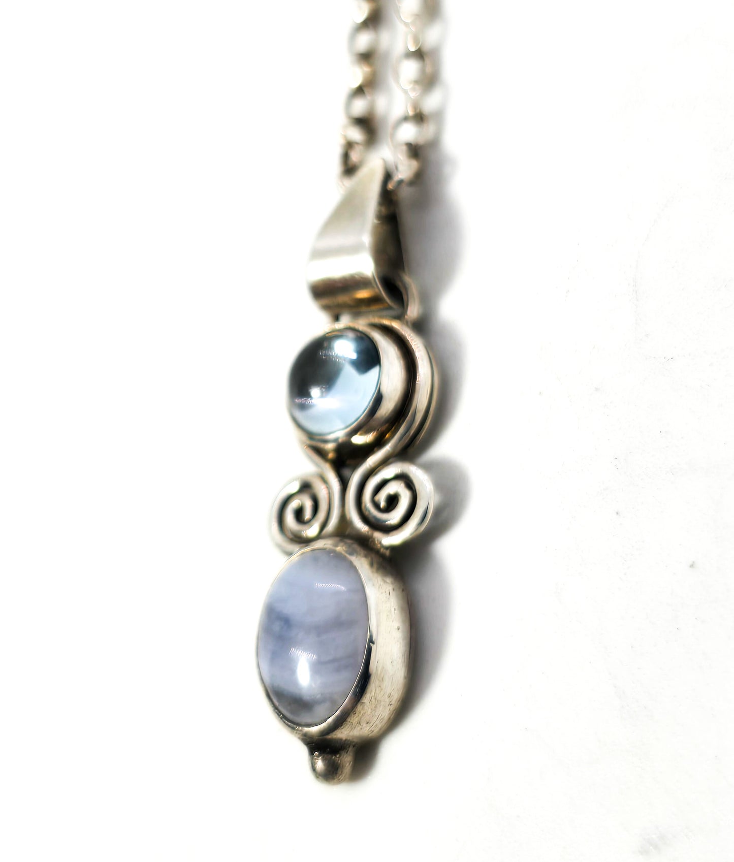 Blue lace agate blue topaz tribal sterling silver Bali gemstone necklace