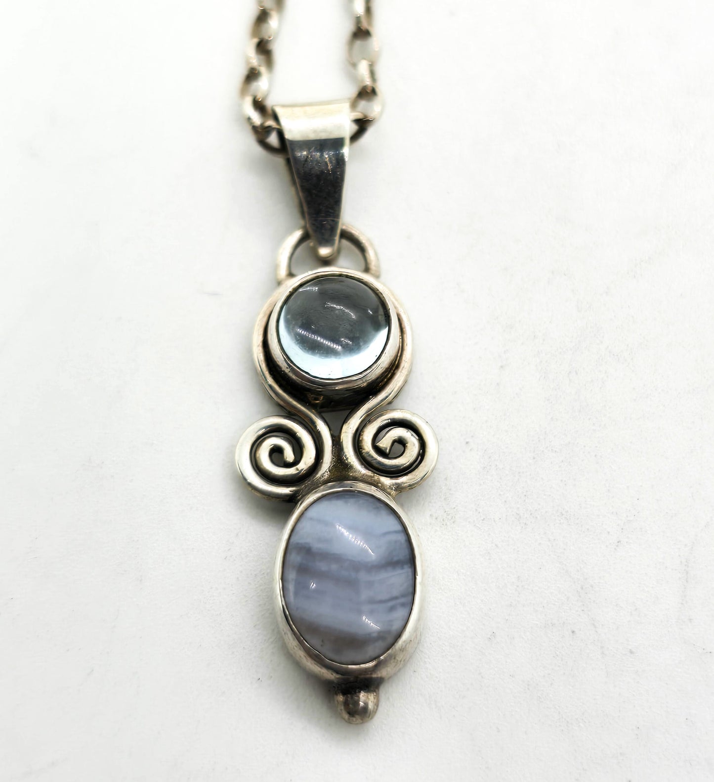 Blue lace agate blue topaz tribal sterling silver Bali gemstone necklace