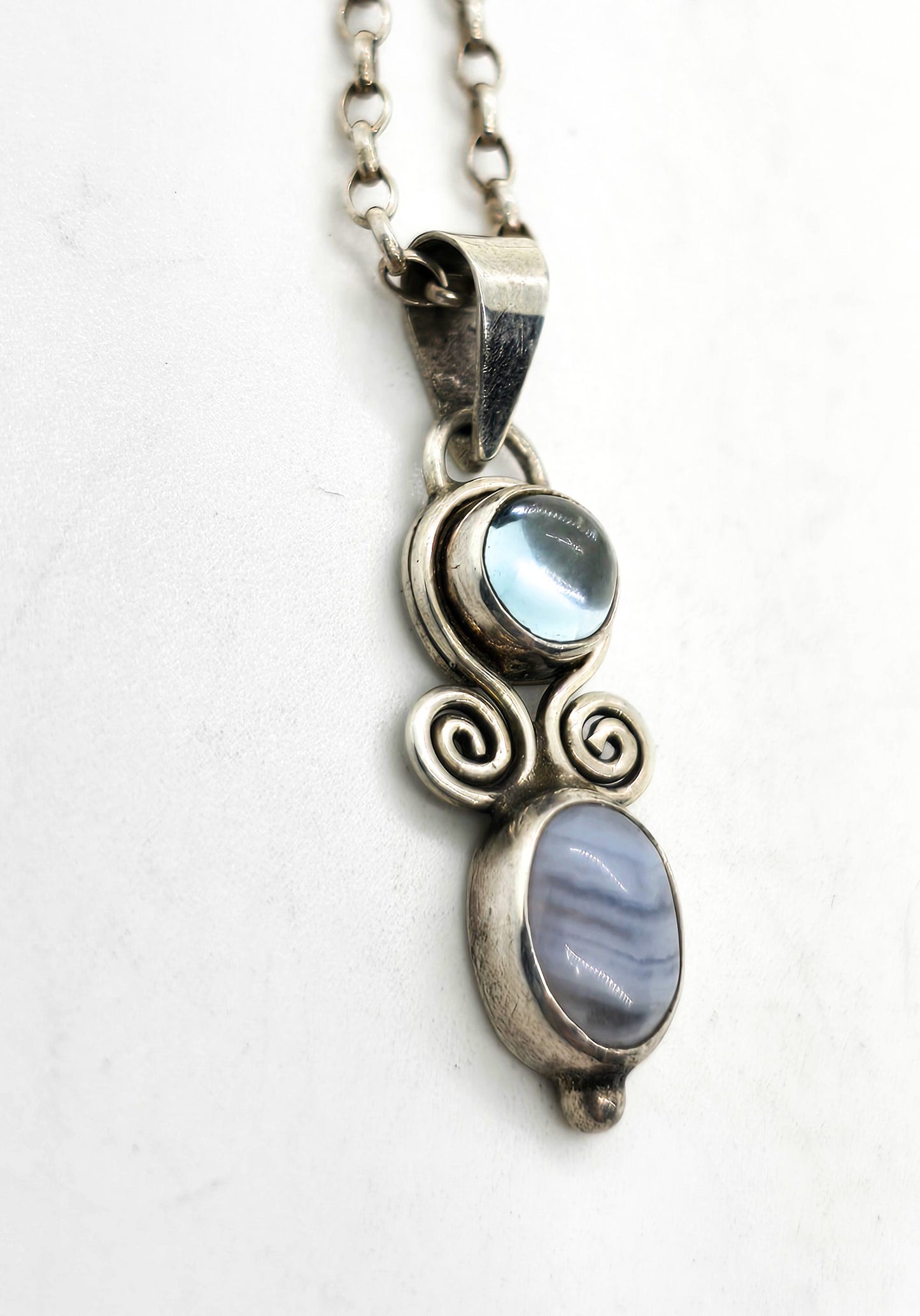 Blue lace agate blue topaz tribal sterling silver Bali gemstone necklace