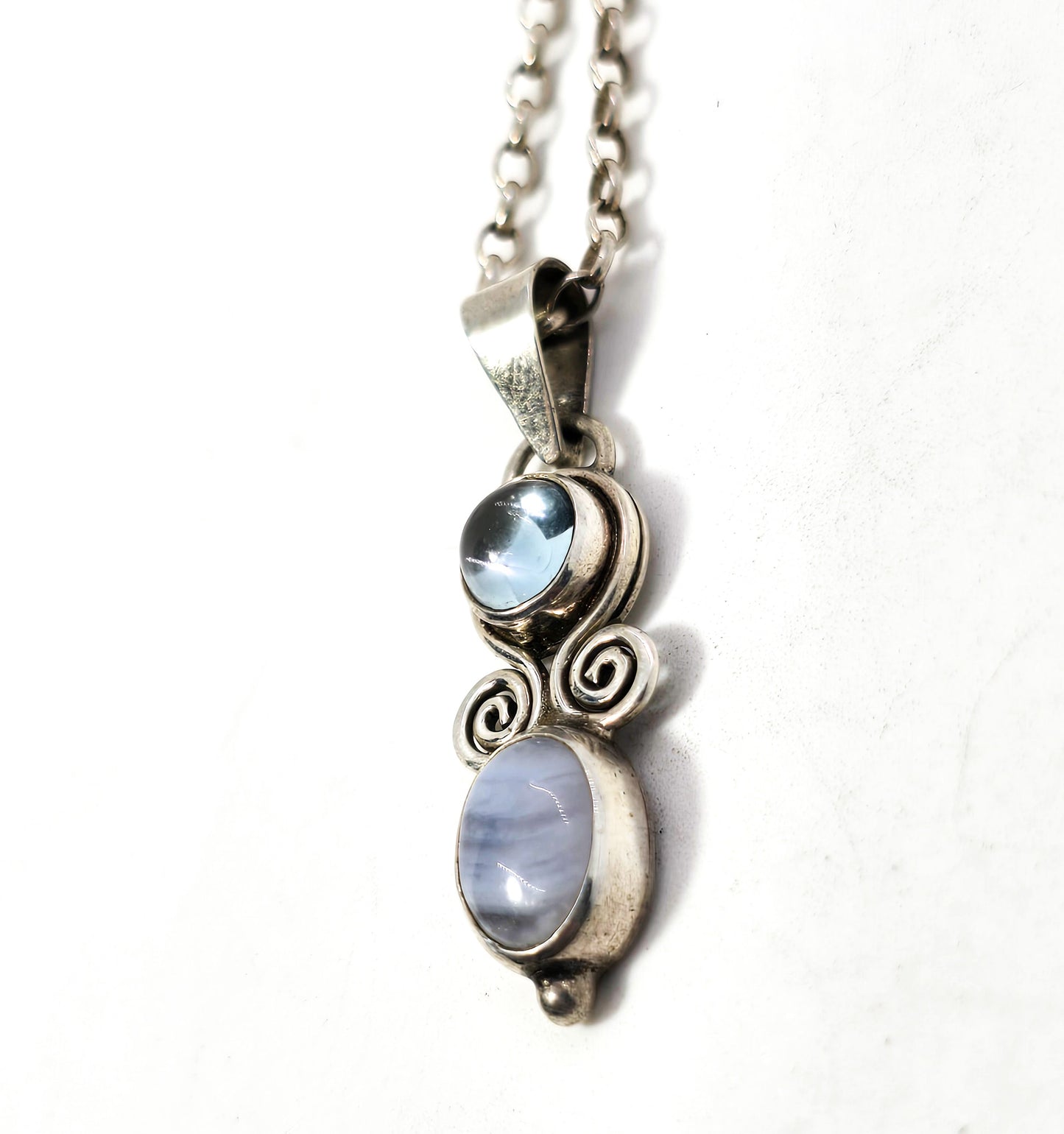 Blue lace agate blue topaz tribal sterling silver Bali gemstone necklace