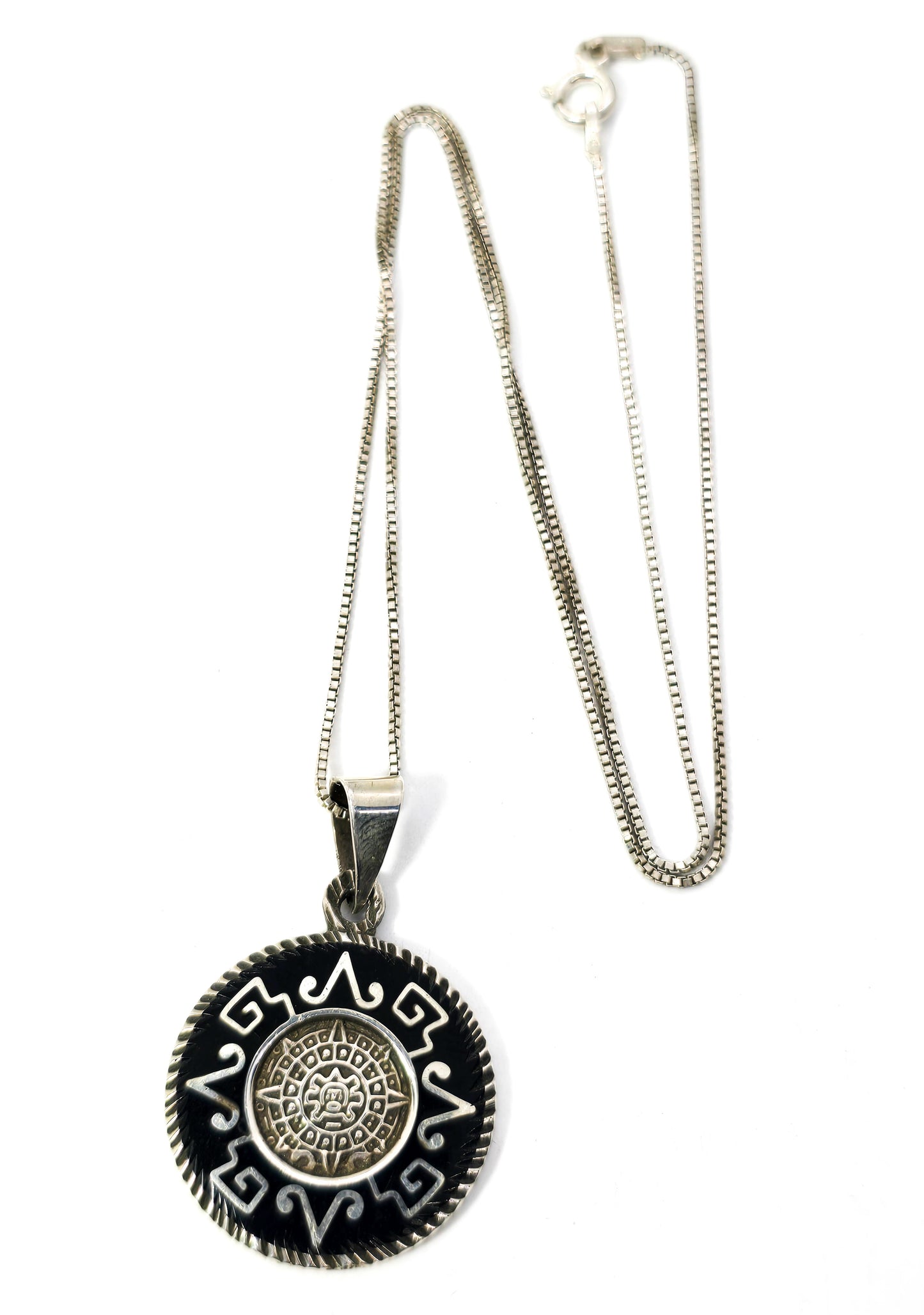 Aztec Calendar Taxco Mexico black onyx inlay vintage sterling silver necklace
