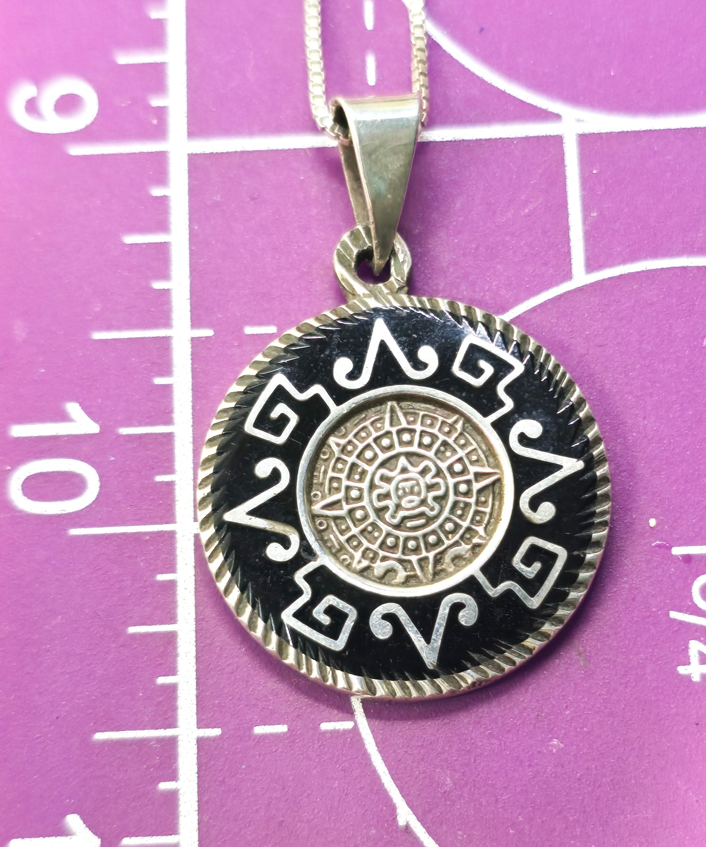 Aztec Calendar Taxco Mexico black onyx inlay vintage sterling silver necklace