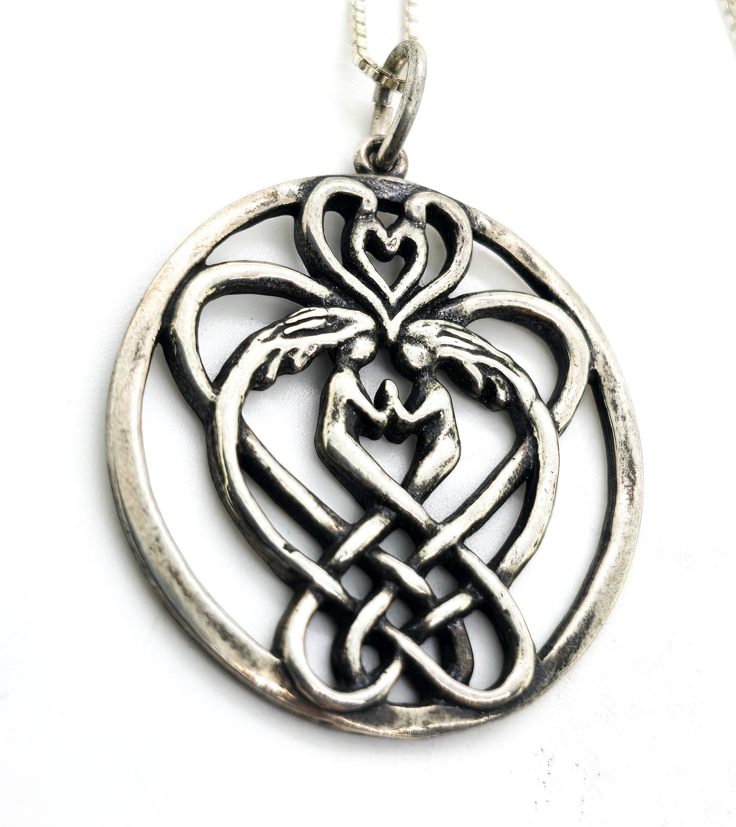 SAW Twin Flames Heart Celtic knot signed sterling silver pendant necklace