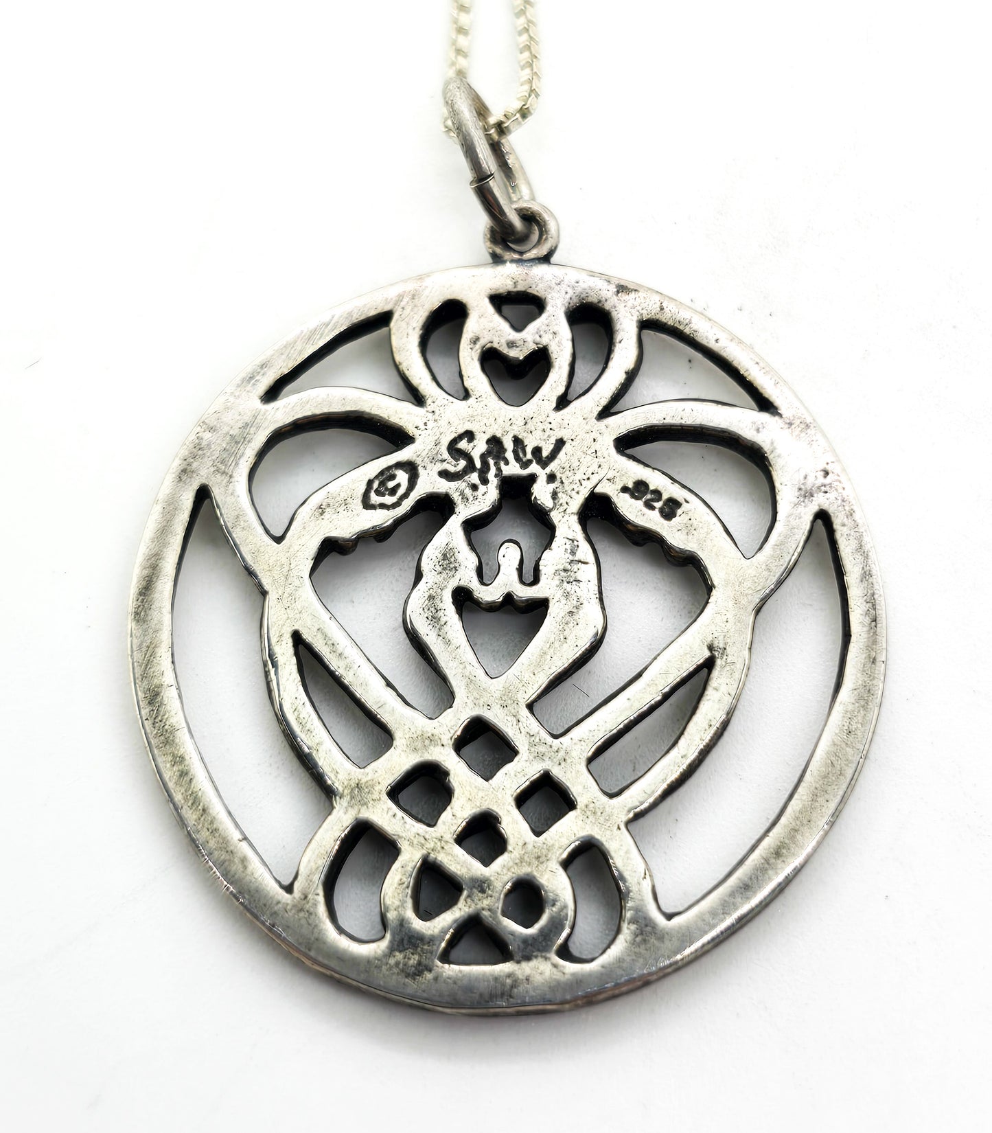 SAW Twin Flames Heart Celtic knot signed sterling silver pendant necklace