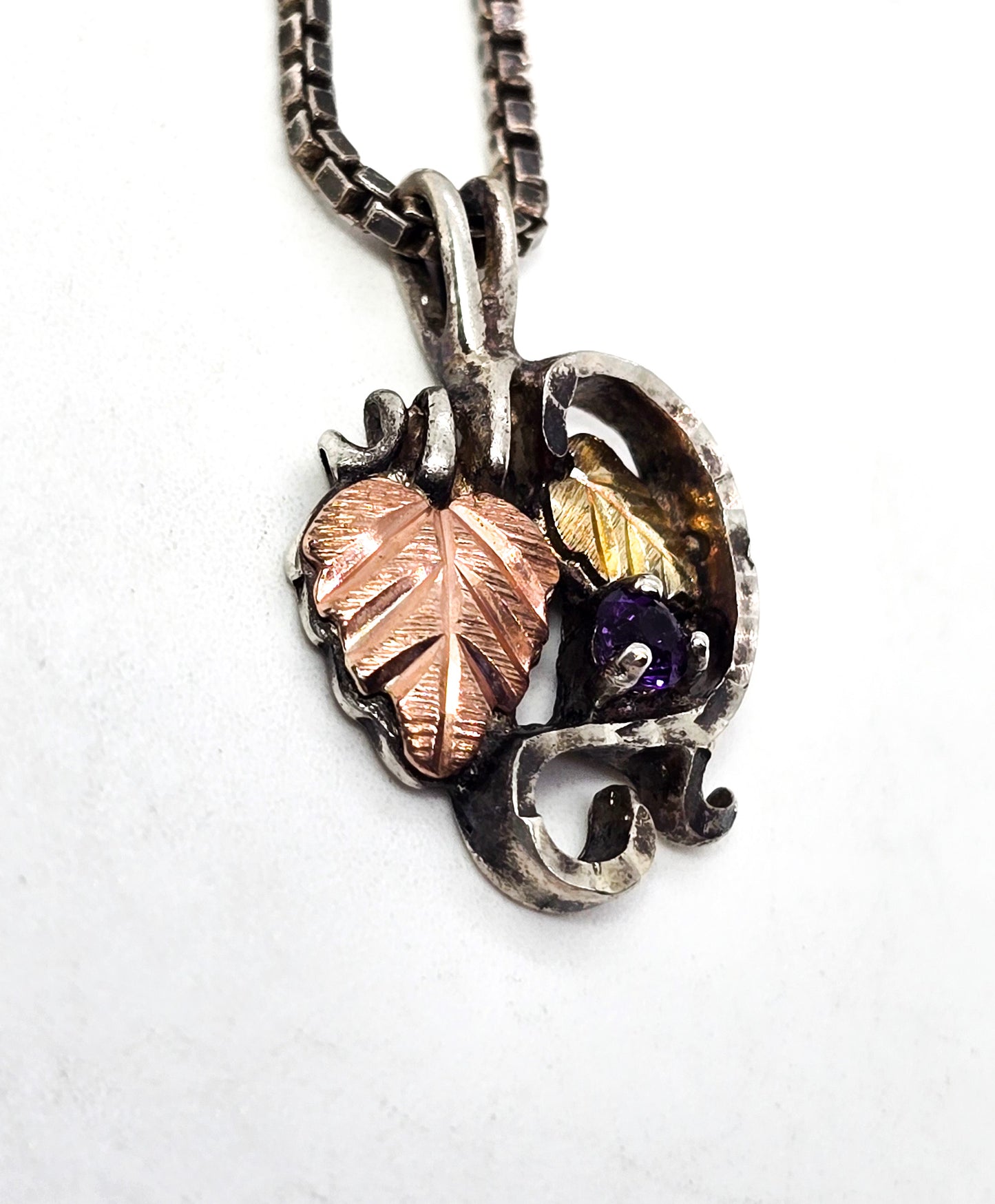 Black Hills Gold Coleman Co Signed amethyst Gold Grape leave sterling necklace