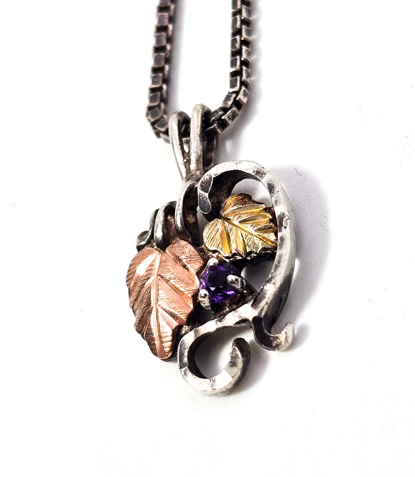 Black Hills Gold Coleman Co Signed amethyst Gold Grape leave sterling necklace